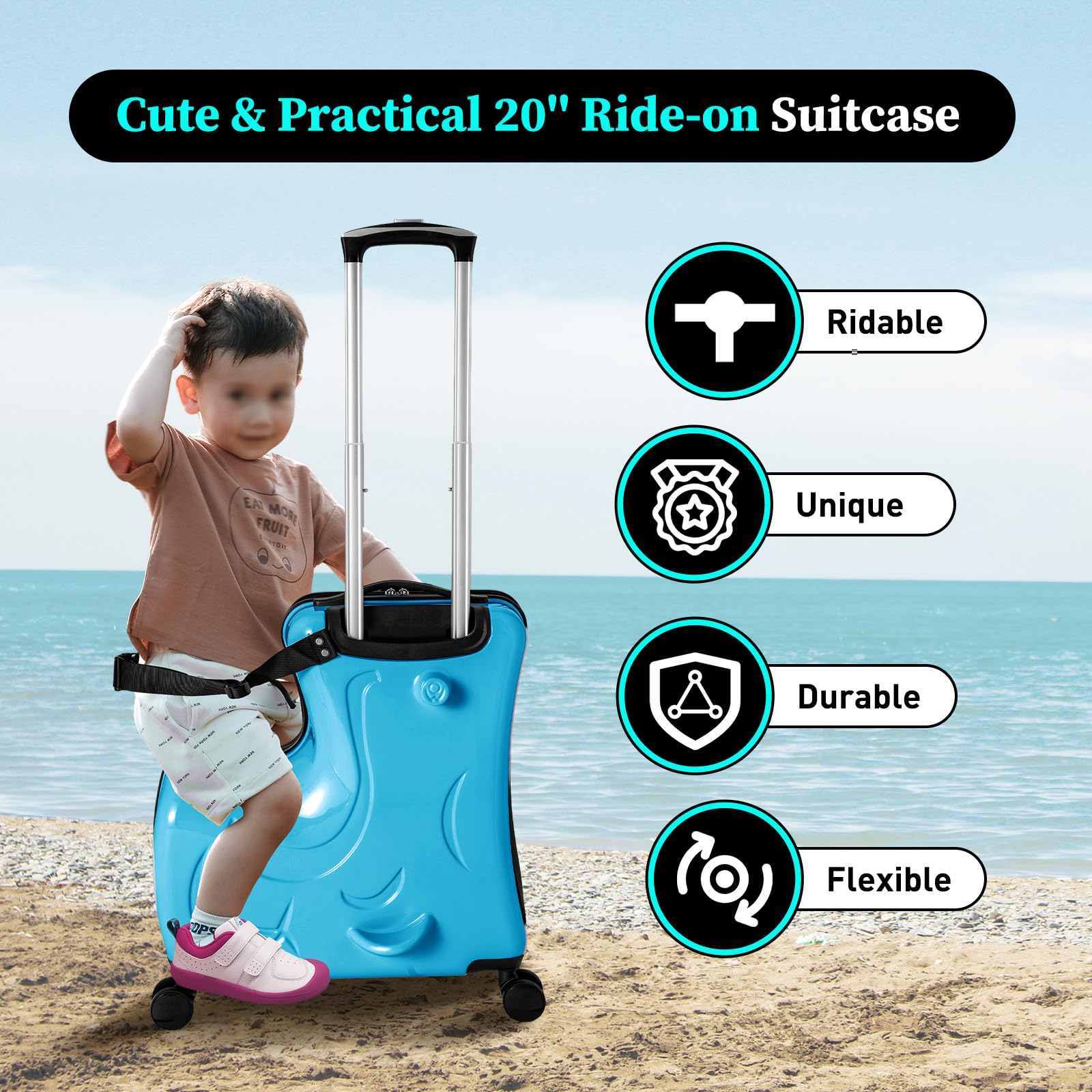 **DNYSYSJ 20 Inch Kids Carry-On Suitcase with Ride-On Feature & Safety Belt - Lightweight Travel Luggage for Toddlers & Children, Perfect for Airplane Trips & Family Vacations (Blue-20)**