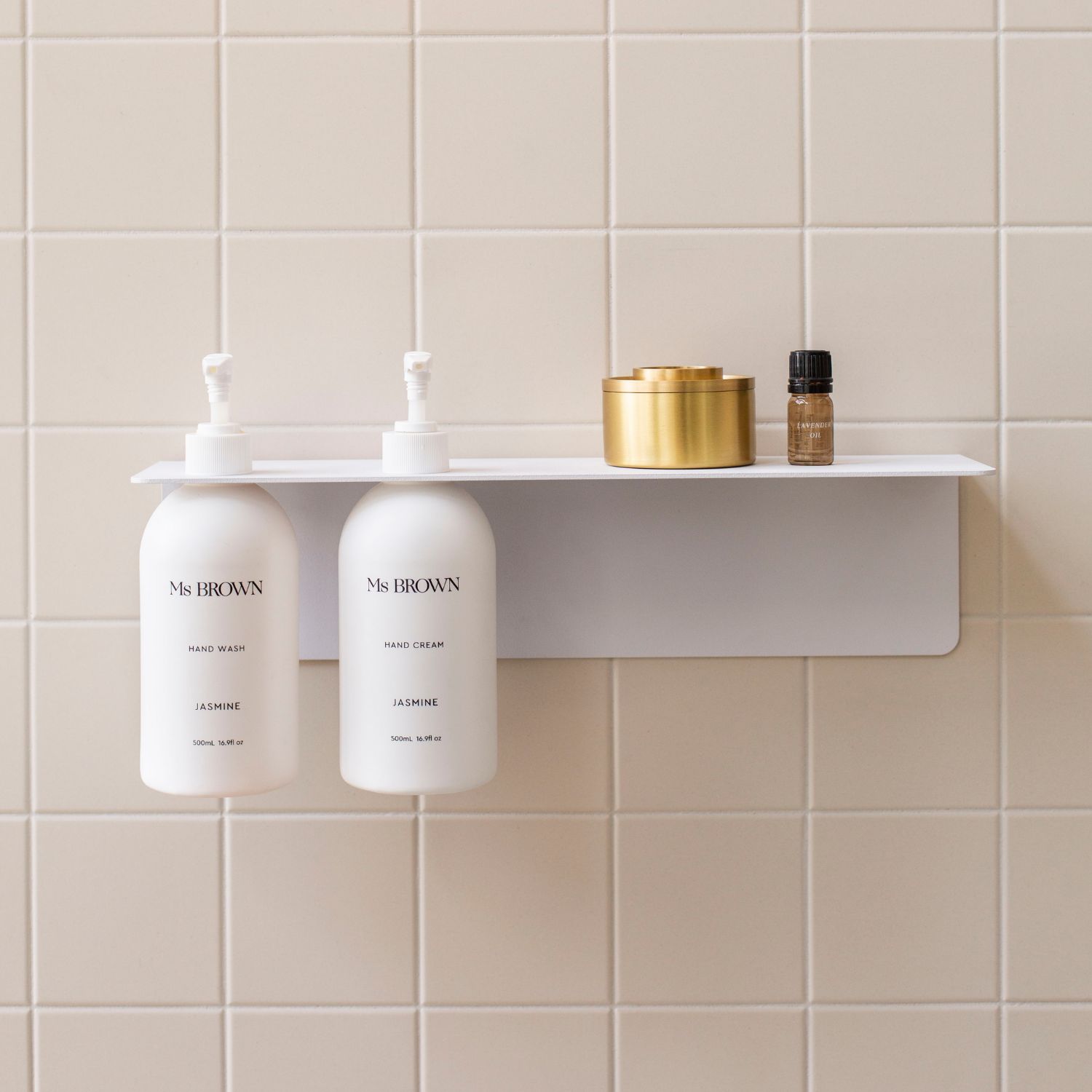 DESIGNSTUFF White Bathroom Shelf with Dual Soap Dispenser Holder - 40 cm Wall Mounted Organizer for Shower, Kitchen, or Vanity Storage