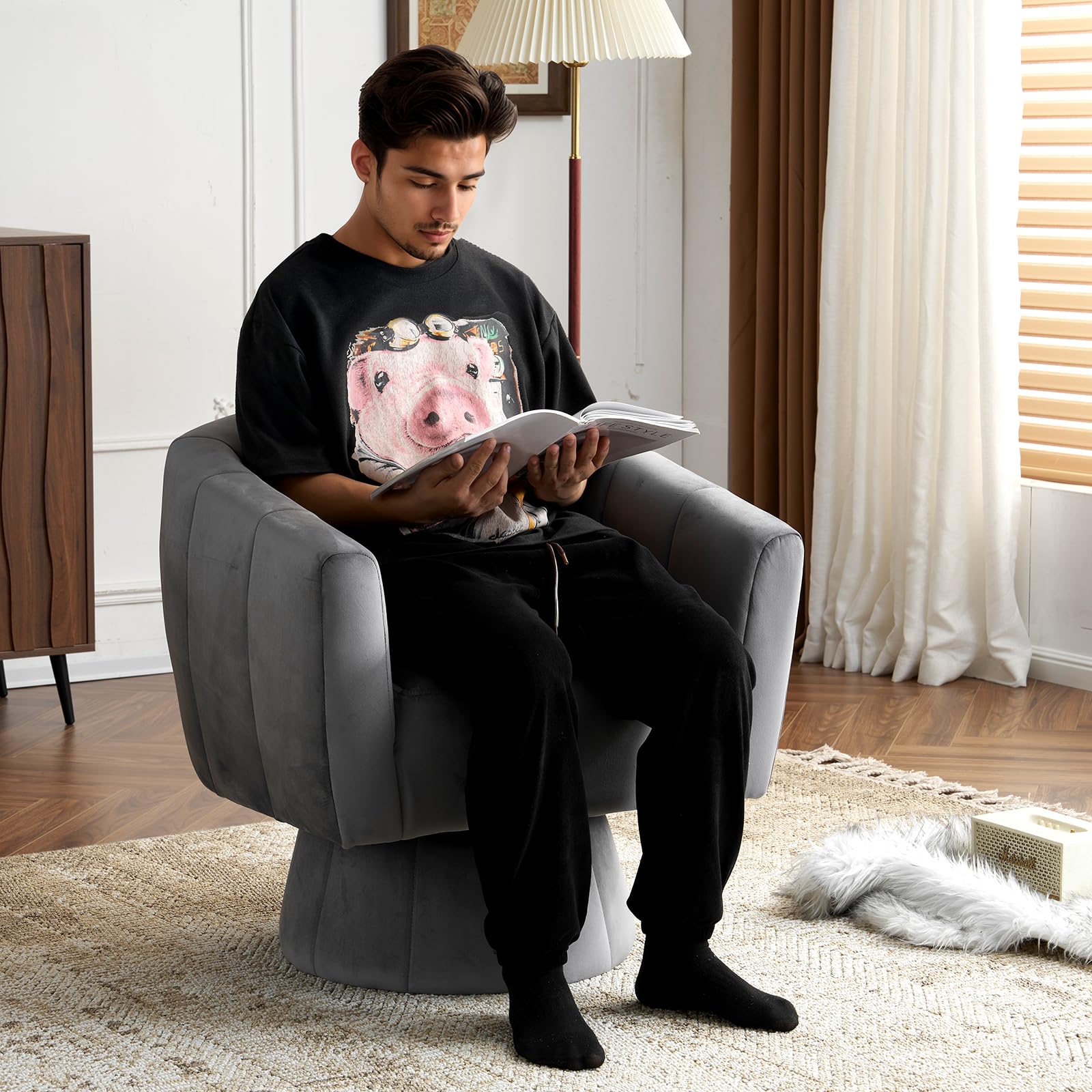 Karl Home Swivel Accent Chair Set of 2 - 360° Rotating Modern Velvet Barrel Chairs with Plush Cushions, Upholstered Armchairs for Living Room, Bedroom & Lounge - Soft Gray - Perfect for Reading Nooks, Home Offices and Cozy Conversation Areas