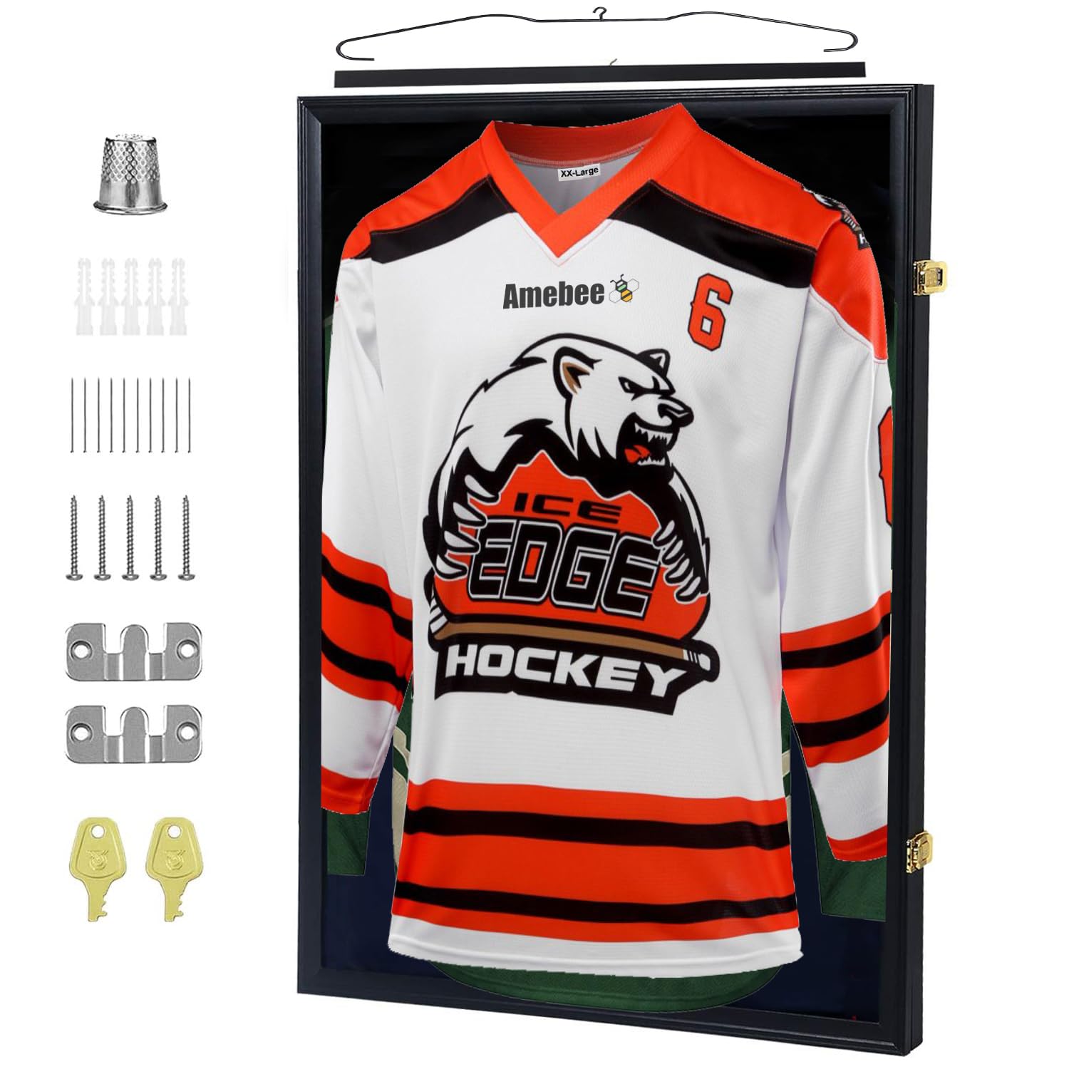 Amebee Extra Large Lockable Jersey Display Frame - UV Protected Shadow Box with Hanger for Baseball, Basketball, Football, Hockey Jerseys & Memorabilia (Black) - Perfect for Sports Fan Cave, Man Cave, and Trophy Room Decor