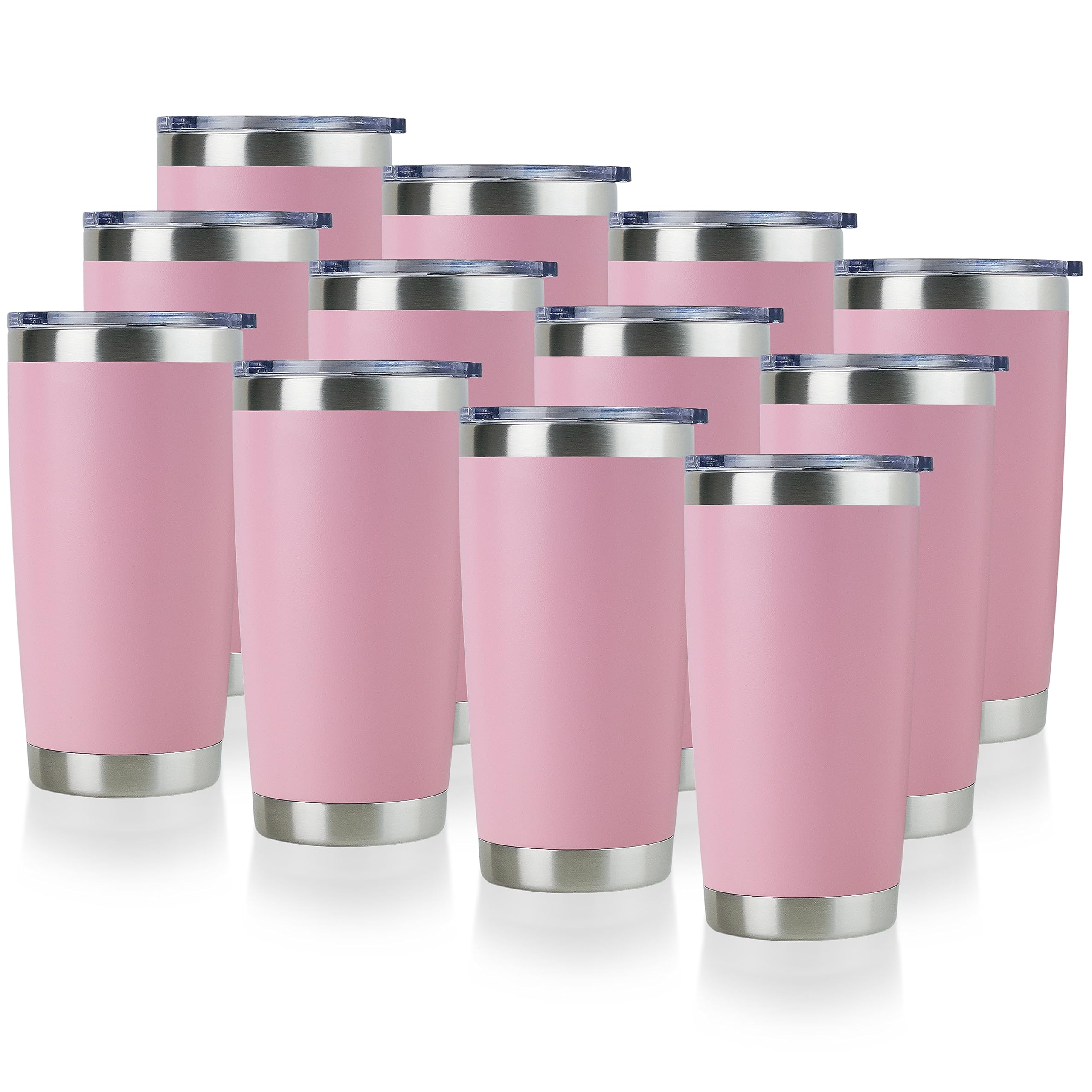 DOMICARE 20oz Stainless Steel Tumbler with Lid - 12 Pack Bulk, Double Wall Vacuum Insulated Travel Mug, Powder Coated Coffee Cup (Pink) - Perfect for Office, Gym, Camping & Outdoor Activities