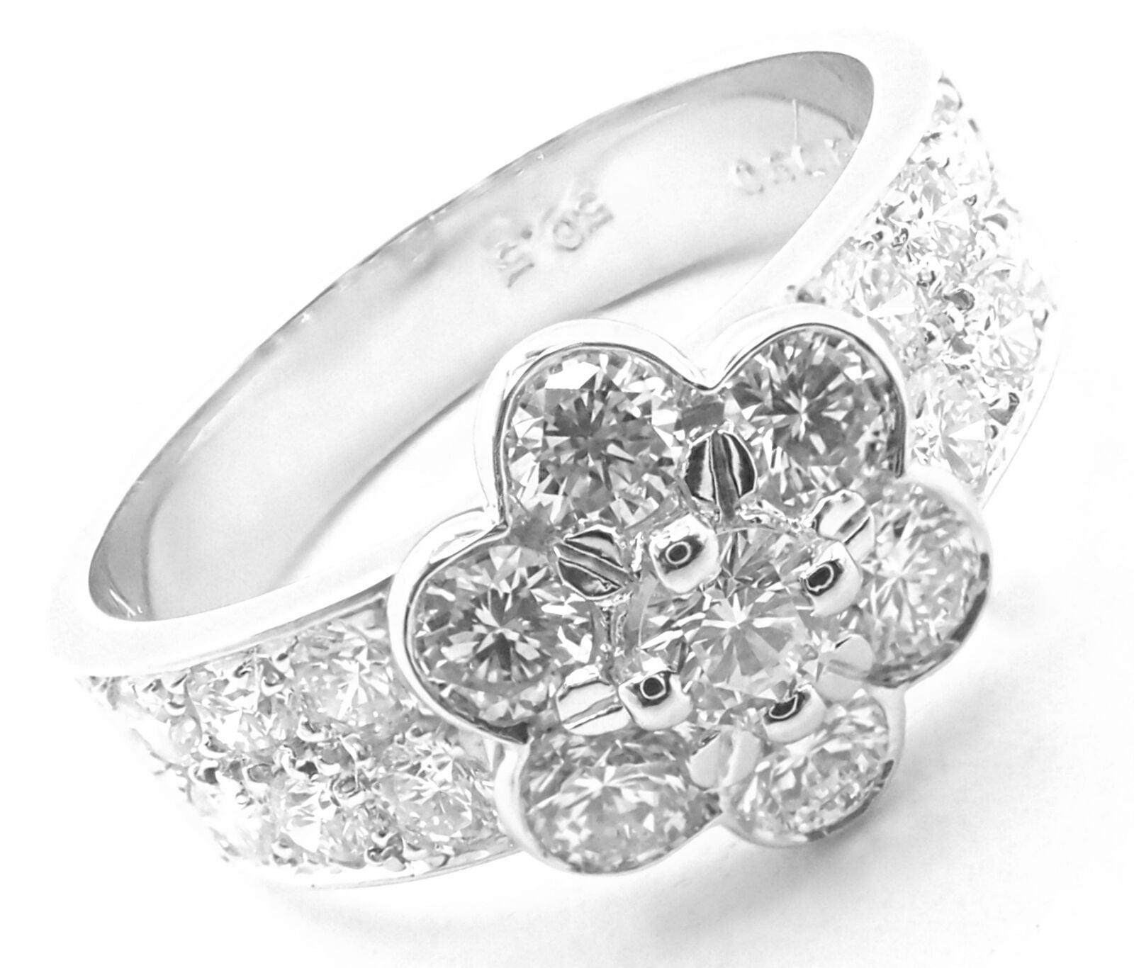 Authentic Van Cleef & Arpels Platinum Diamond Fleurette Flower Ring for Women - Luxury Jewelry Gift for Anniversary, Engagement & Special Occasions