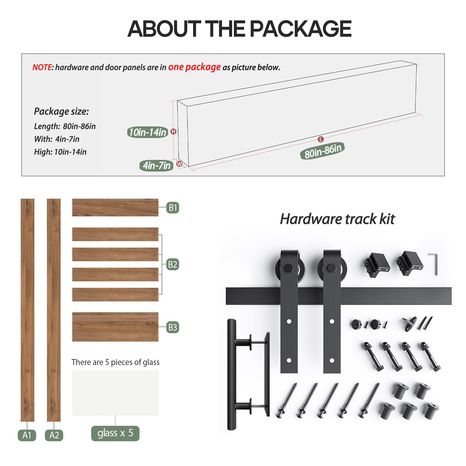 FREDBECK 36 x 84 Inch Frosted Glass Barn Door with Hardware Kit - 5-Panel Waterproof Sliding Door for Bedroom, Bathroom or Closet - Easy Assembly with Pre-Drilled Holes - Fits 33-34 Inch Openings