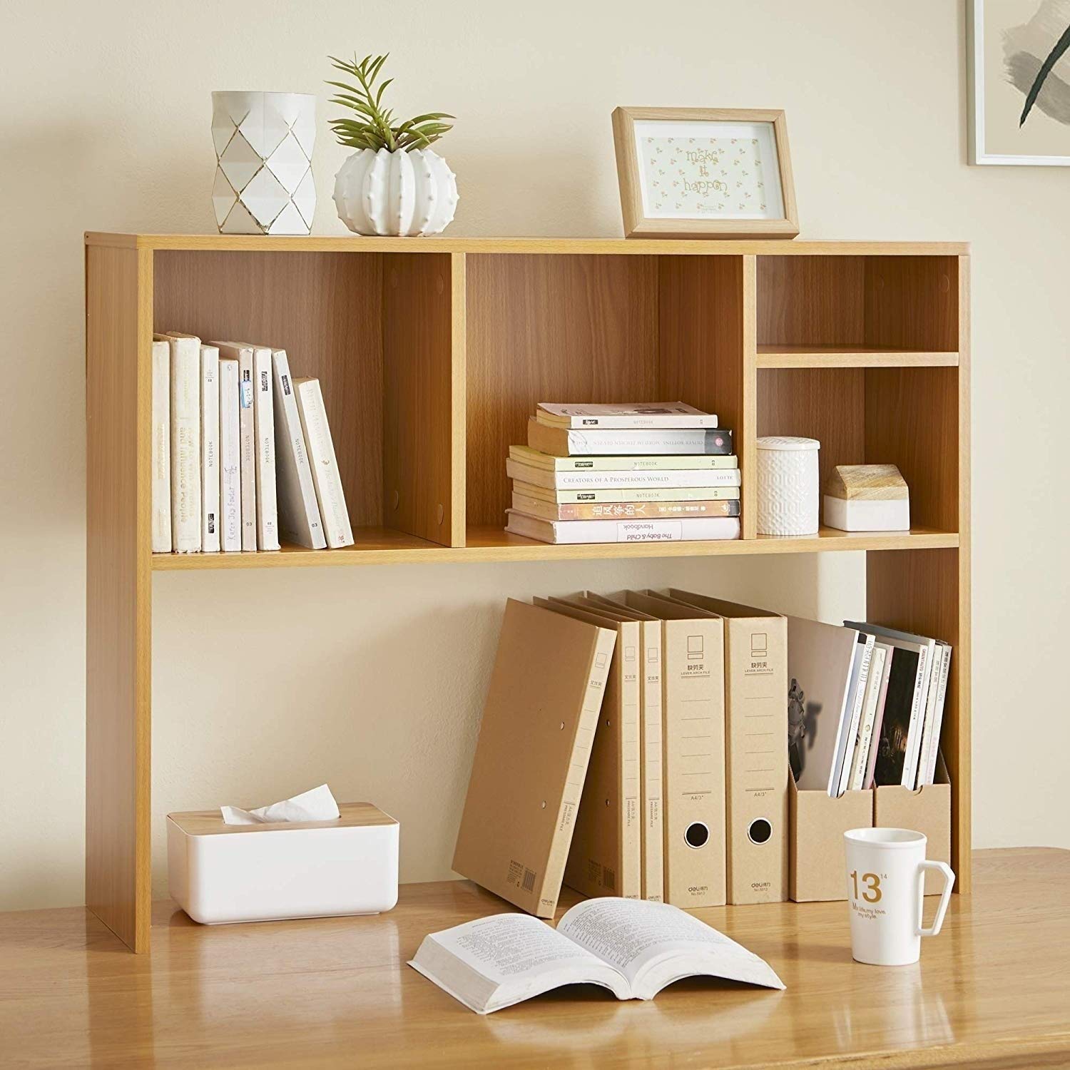 Beech Wood Cube Desk Bookshelf - Natural Brown Wooden Storage Shelf for Home Office, Living Room & Study