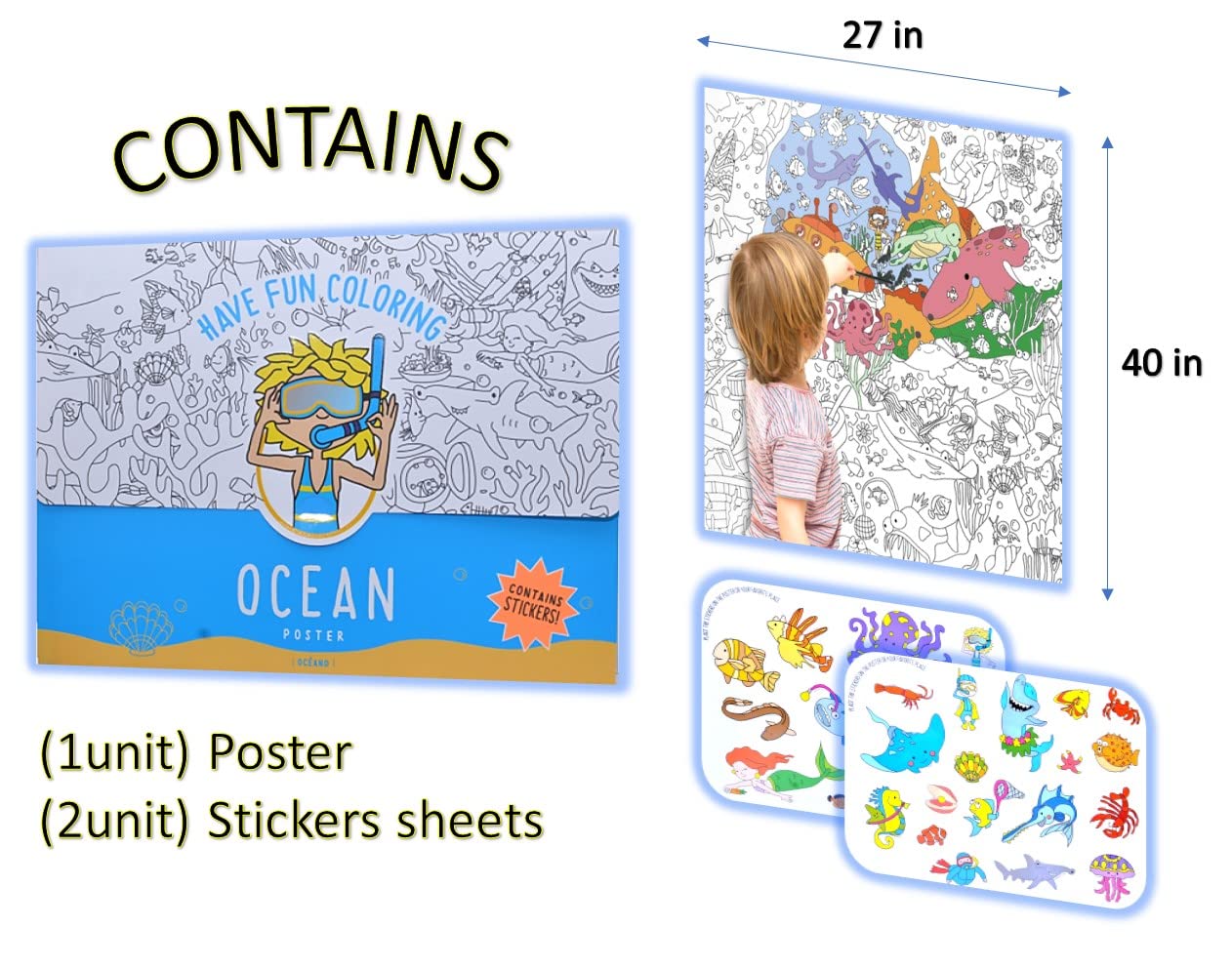 Large Coloring Poster 27x40 Inches - Durable & Resistant Paper for Kids & Adults - Includes Folder & 2 Sticker Sheets - Perfect for Family Art Time, Classroom Activities & Creative Gift