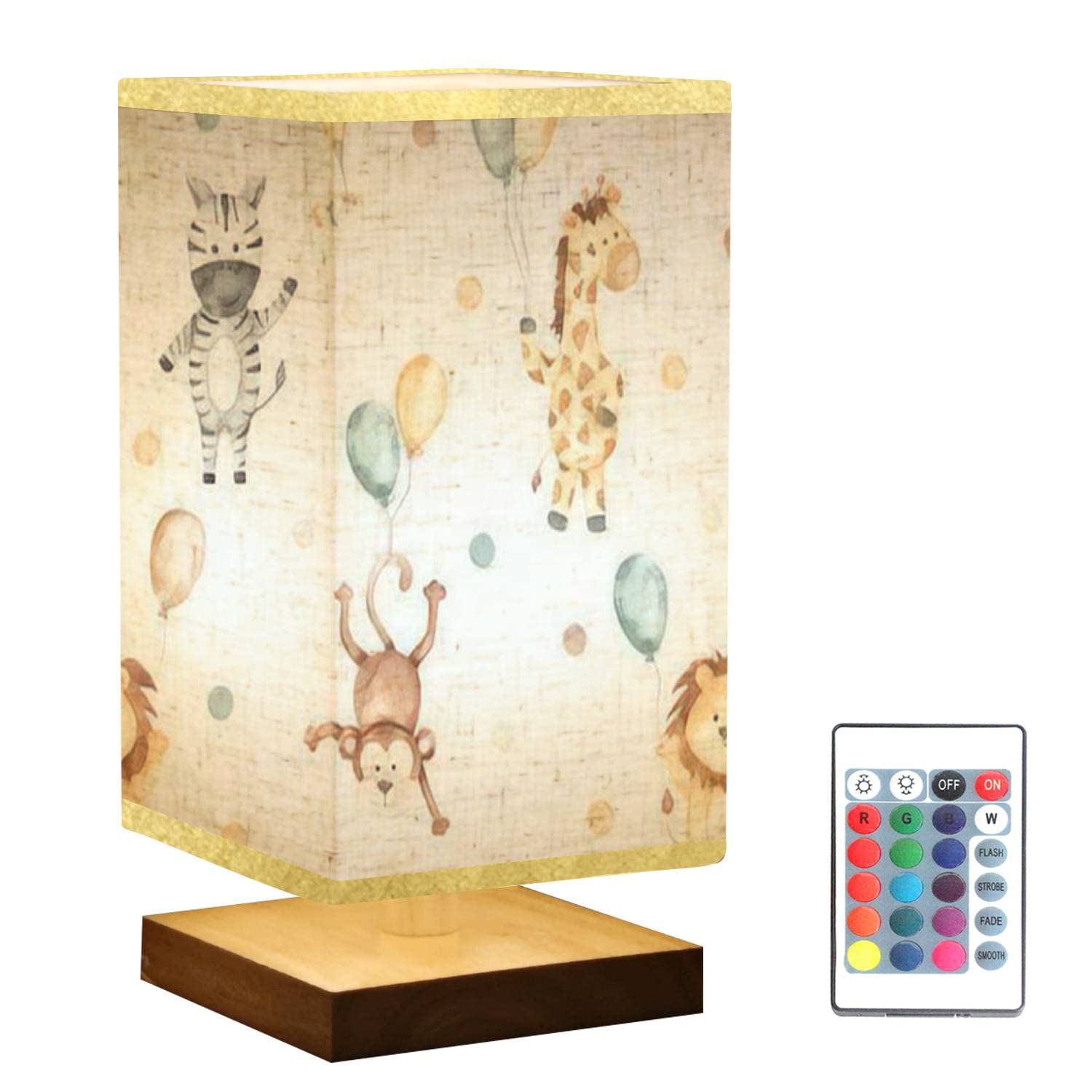 Dimmable Square Bedside Table Lamp with Lion Zebra Giraffe Monkey Balloon Watercolor Design, Wooden Base & Flaxen Fabric Shade - Perfect Nightstand Lamp for Bedroom, Living Room, Nursery & Office Decor