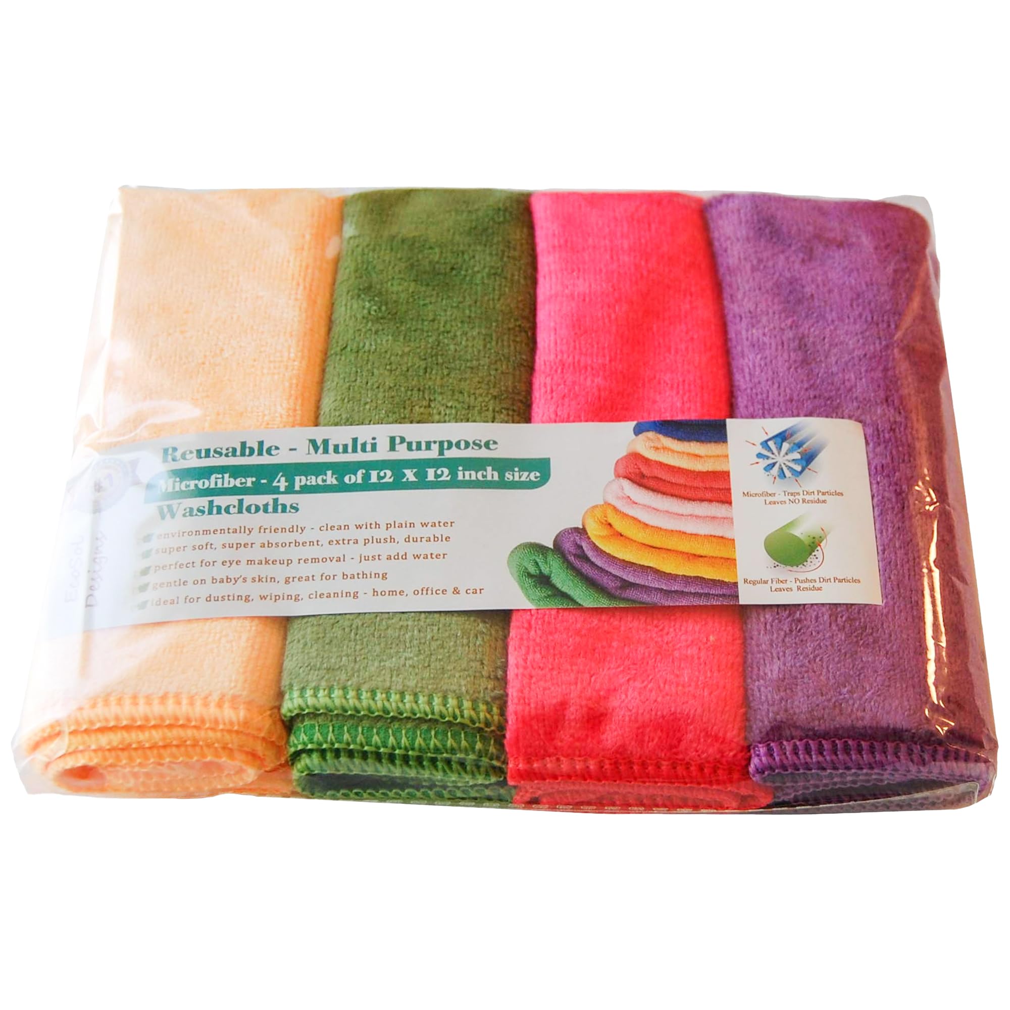 EcoSol Designs - Ultra Soft Thick Quick Dry Microfiber Towels Set of 4 (12x12 inches) for Cleaning & Drying - Purple, Pink, Green, Yellow - Perfect for Home, Office, Gym, Car & Travel Use