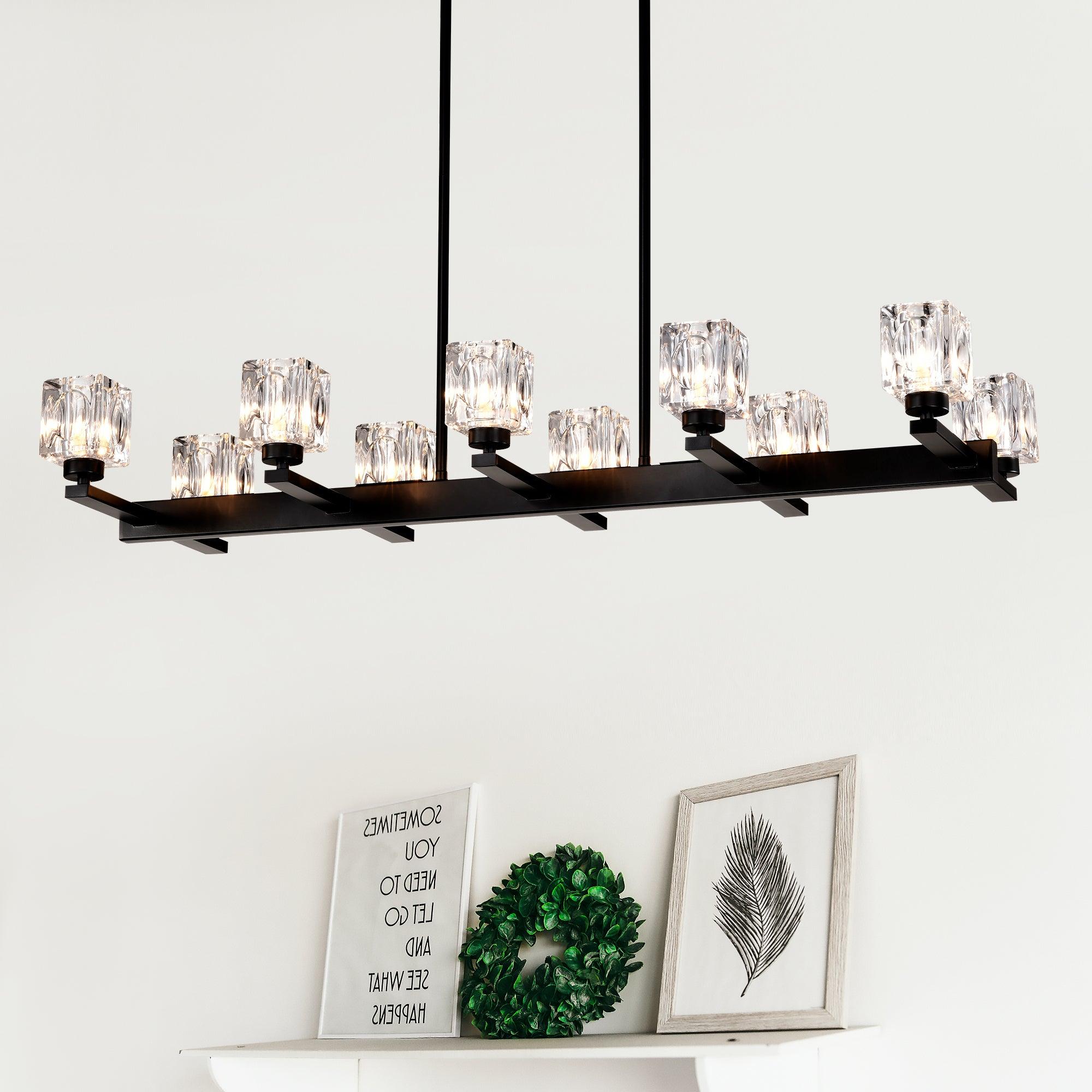 10-Light Black Farmhouse Linear Chandelier - Modern Crystal Pendant Lighting for Dining Room, Kitchen Island, Bar & Long Table - G9 Bulb Compatible (10xG9, Max 40W) - Perfect for Rustic, Industrial & Contemporary Home Decor