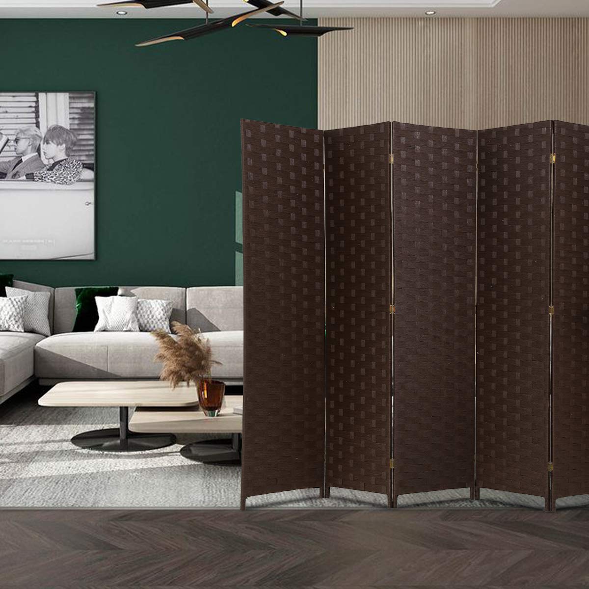 6-Panel Wood Mesh Woven Room Divider - Foldable Privacy Screen for Home Office, Bedroom & Living Room | Portable Partition with Natural Brown Finish | Perfect for Creating Private Spaces in Open Areas