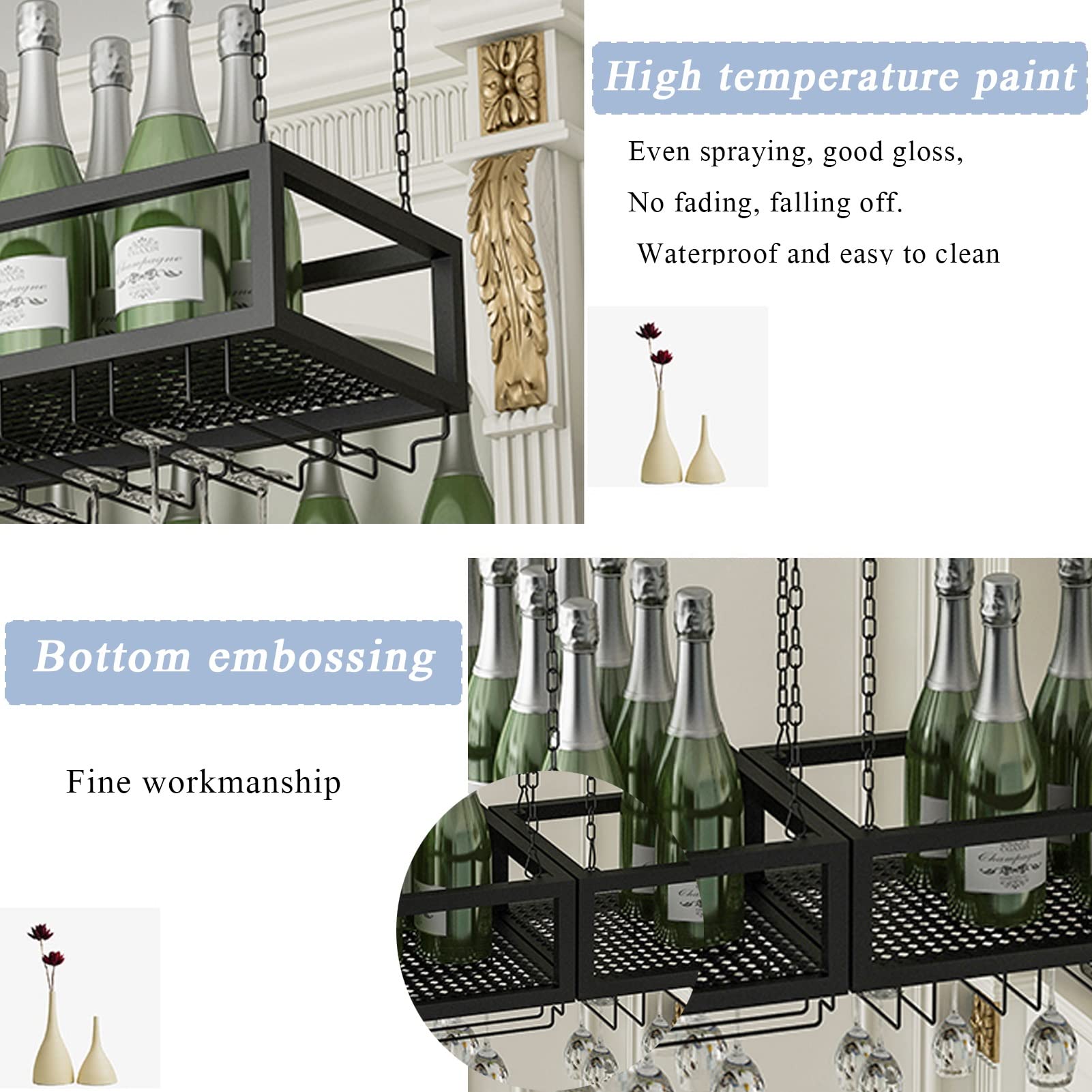 Ceiling Hanging Wine Rack - Metal Floating Storage Organizer for Wine Bottles & Stemware Glasses (140x25x20cm) - Perfect for Kitchen, Bar, Under Cabinet, Dining Room & Home Decor