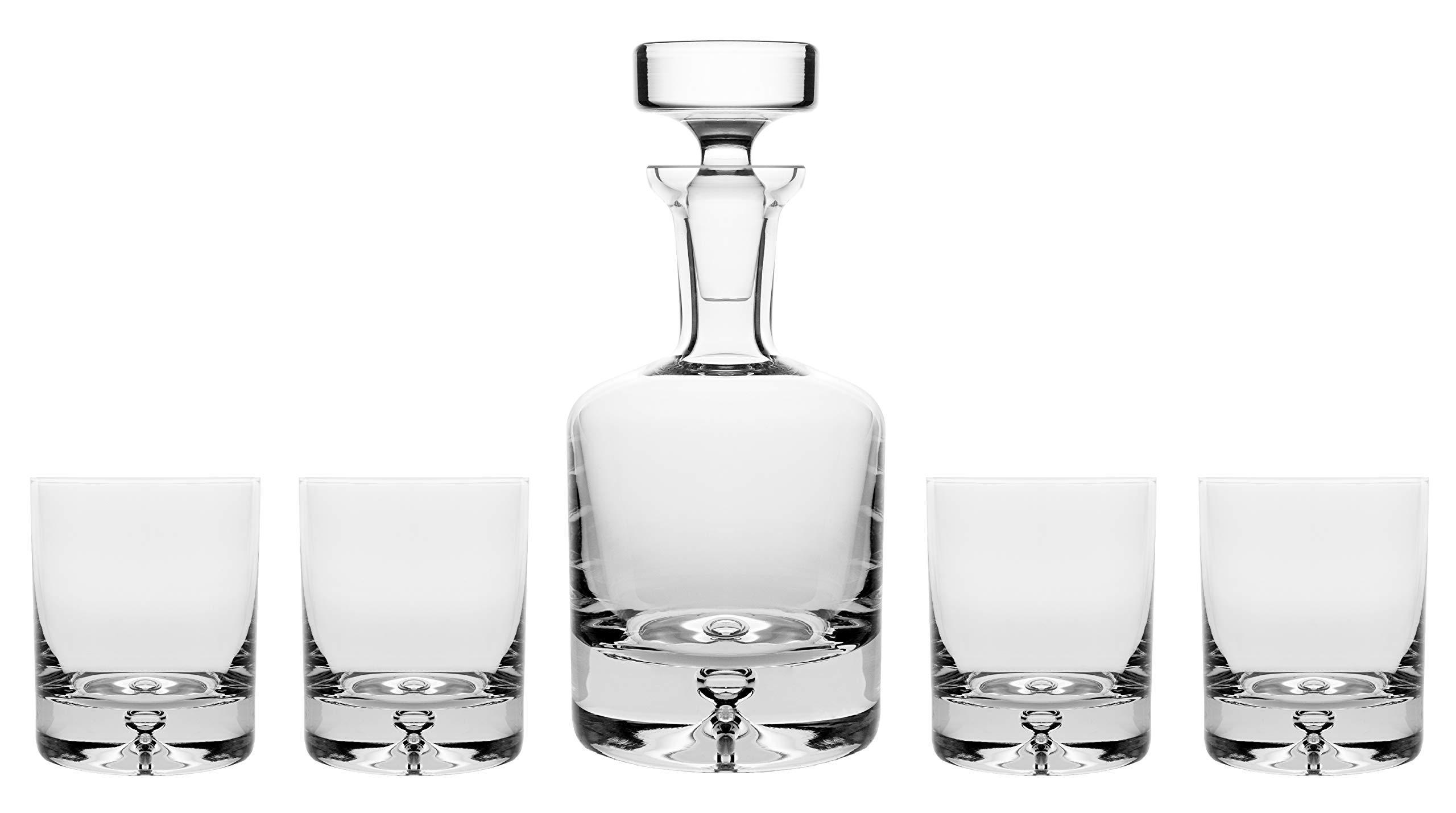 Premium Whiskey Decanter and Tumbler 5-Piece Set - 25oz Elegant Glass Decanter with Bubble Base & 4 Double Old Fashioned Tumblers (9.5oz Each) - European Craftsmanship - Perfect for Home Bars, Gifts & Whiskey Tasting Parties