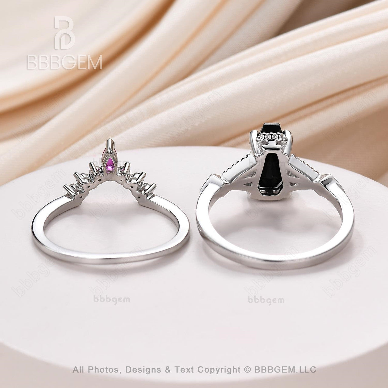Platinum Black Spinel & Diamond Wedding Ring Set - 9x6mm Coffin Cut Onyx with Lab-Grown Ruby | Elegant Gothic Jewelry for Weddings, Anniversaries & Alternative Fashion