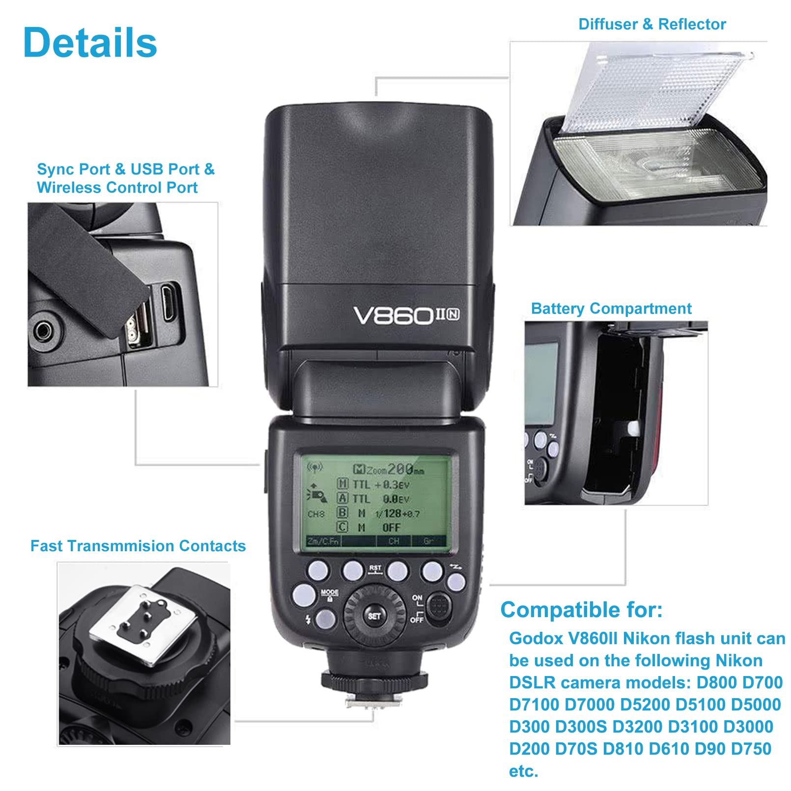 Godox V860II-N TTL Flash for Nikon DSLR Cameras - 2.4G Wireless GN60 Speedlite with 1/8000s HSS, Rechargeable Li-ion Battery (650 Full Power Flashes) - Perfect for Wedding, Portrait & Event Photography