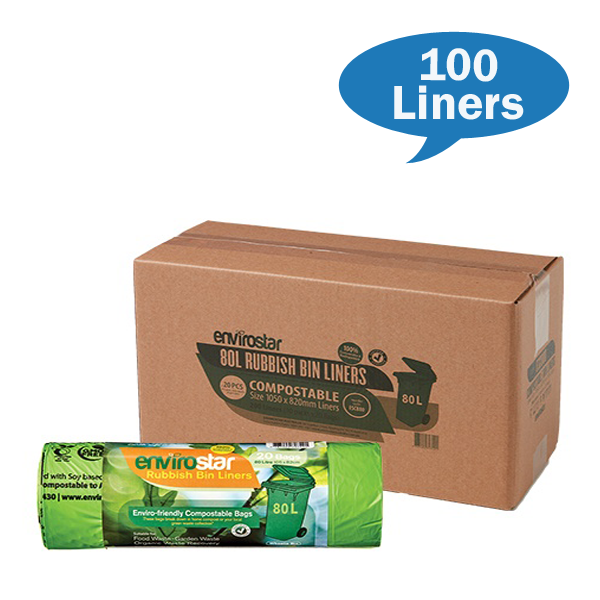 Envirostar 80L Compostable Trash Bags - 43 Micron Thick Biodegradable Garbage Bags for Kitchen, Yard Waste & Eco-Friendly Home Use