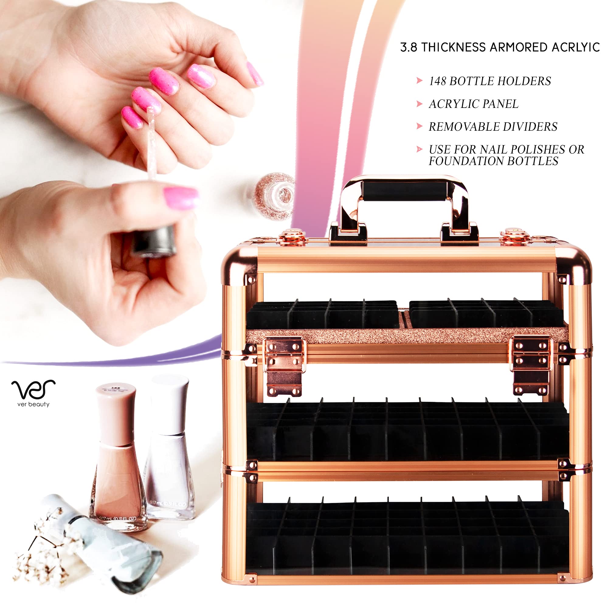 VER Beauty Acrylic Nail Polish Organizer Case (Rose Gold) - 3-Tier Makeup Organizer Trolley with Lockable Drawers & Extra Bottom Trays | Portable Nail Art Storage for Salon, Home & Travel | Professional Cosmetic Display Case for Nail Technicians