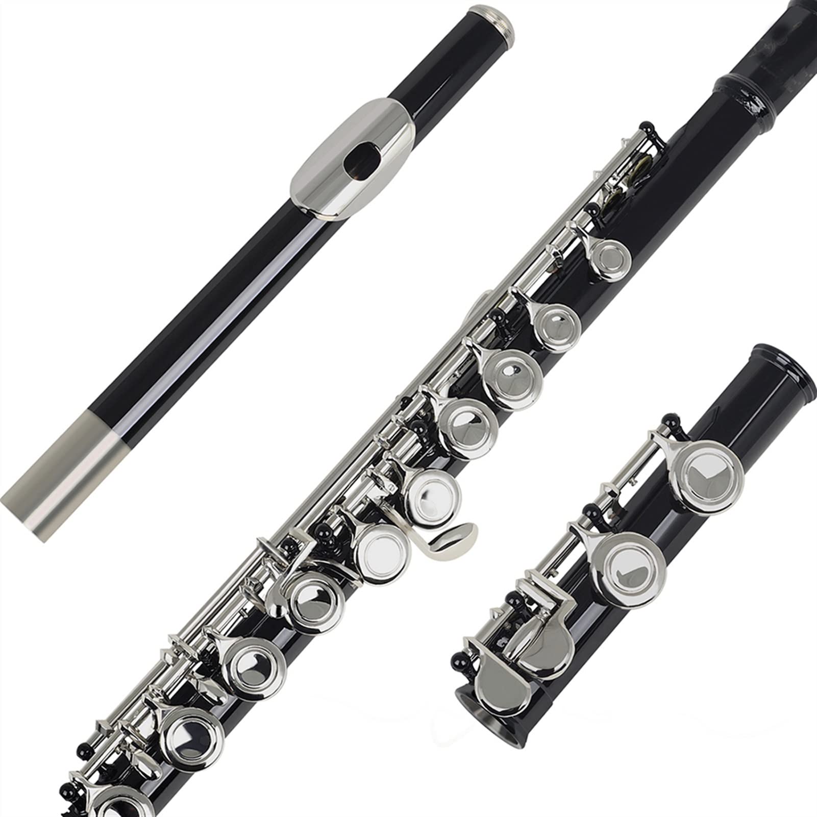 Silver Key Cupronickel Flute - 16 Closed Hole C Tone Black Wind Instrument with Case | Professional Band Performance & Music Education