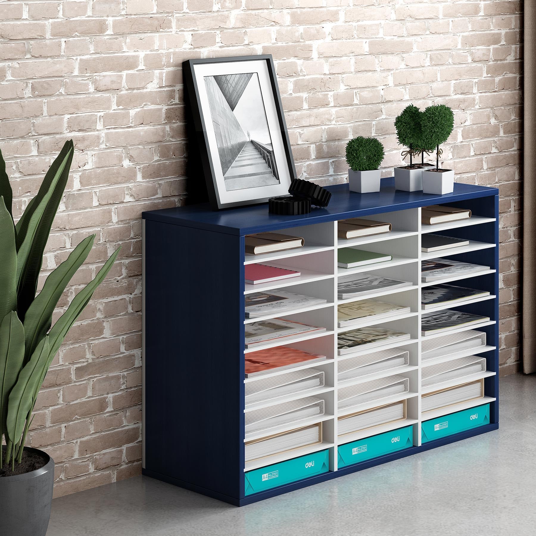 TQVAI 27-Slot Wooden Mail Sorter Organizer for Home & Office - Navy Blue/White Desktop File Holder, Paper Tray, Classroom Mailbox - Perfect for Office Organization, Teacher Supplies, and Home Mail Management