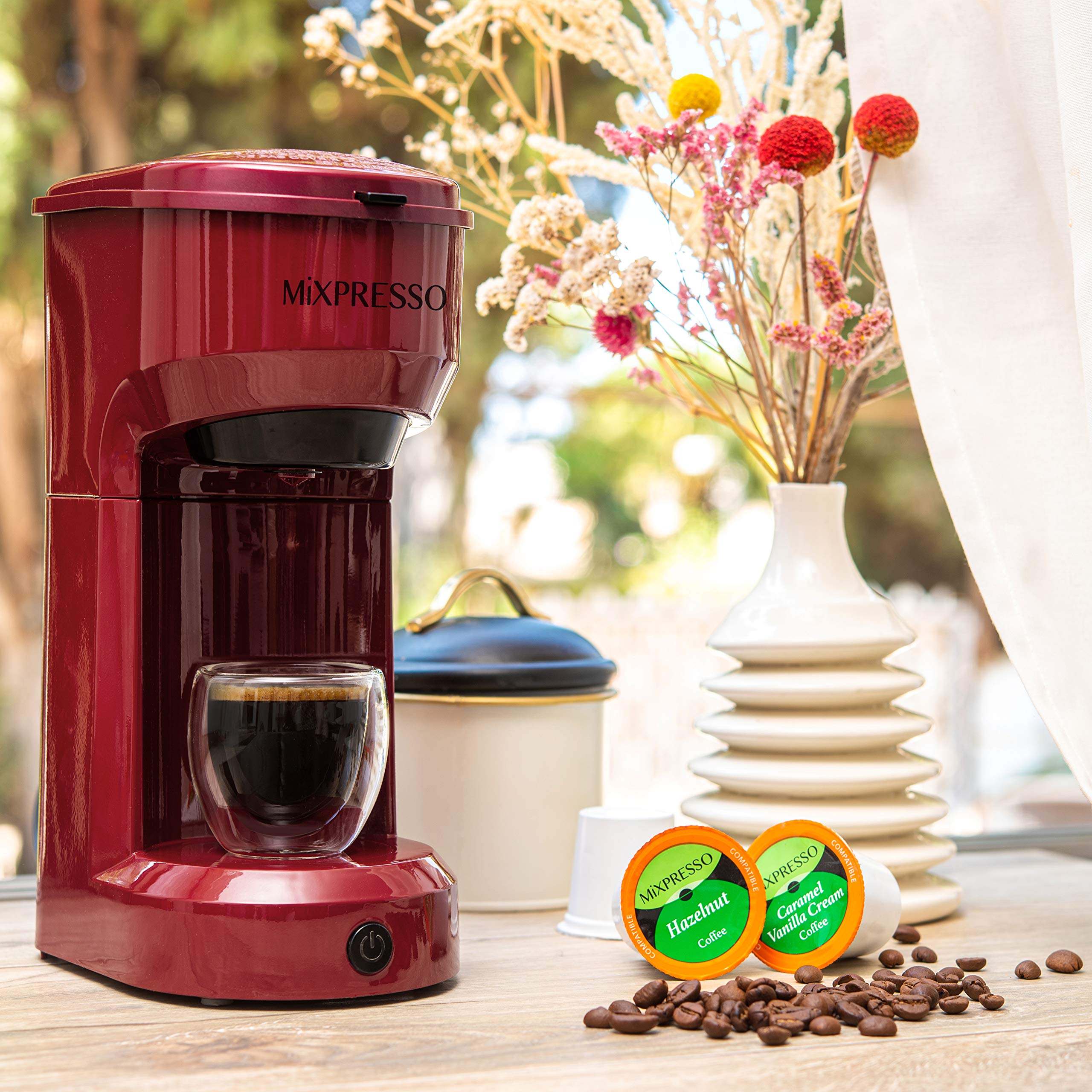 Mixpresso 2-in-1 Single Serve Coffee Maker - K Cup & Ground Coffee Compatible, Compact Personal Brewer with Quick Brew Technology (14oz, Red) - Perfect for Home, Office, Dorm & Small Spaces