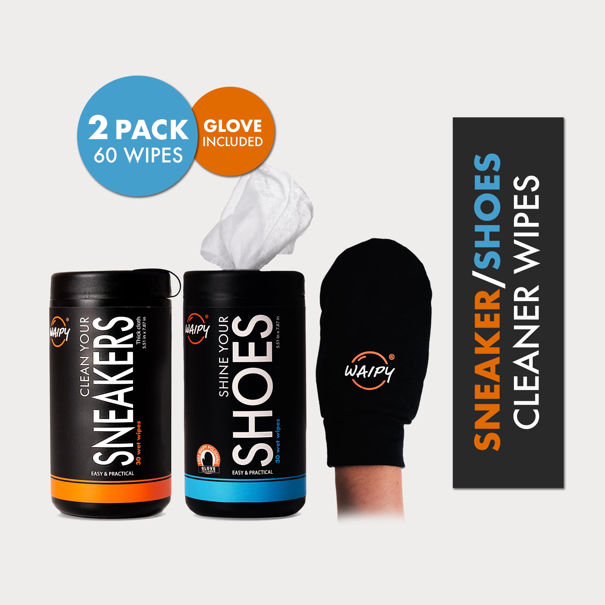 Waipy Sneaker Cleaner Kit - 2 Bottles & 60 Wipes for Fast, Easy Shoe Cleaning | All-in-One White Sneaker Cleaner Wipes | Perfect for Gym Shoes, Running Sneakers & Casual Footwear Care