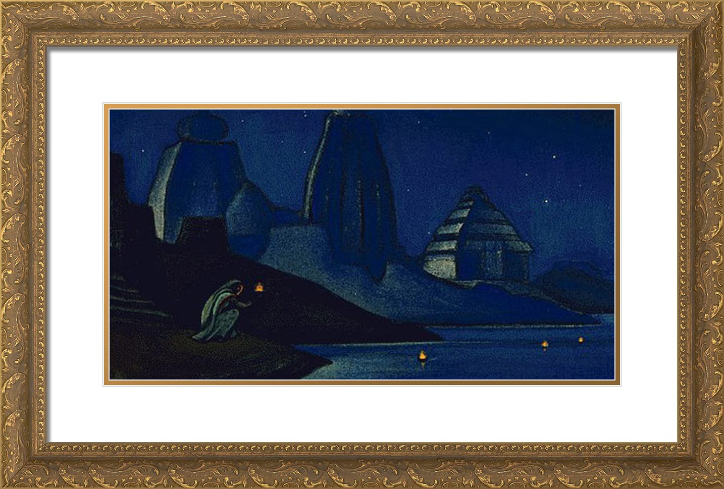 Nicholas Roerich 'Lights on the Ganges' 24x17 Gold Ornate Framed Art Print with Double Matting - Premium Wall Decor for Living Room, Office & Gallery Display