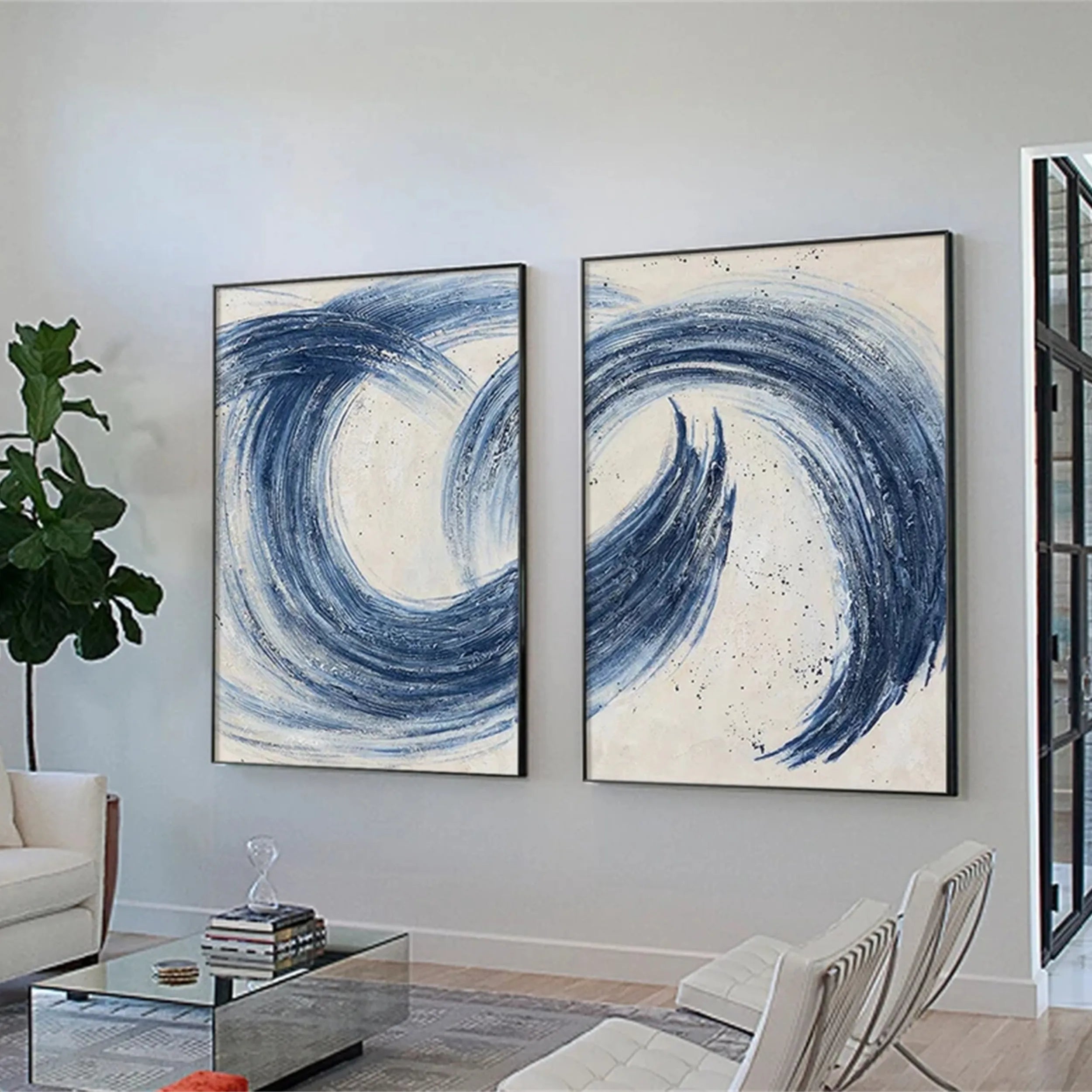 Blue & Green Abstract Wall Art Set of 2 Paintings - Modern Canvas Prints for Living Room, Bedroom & Office Decor | BG020