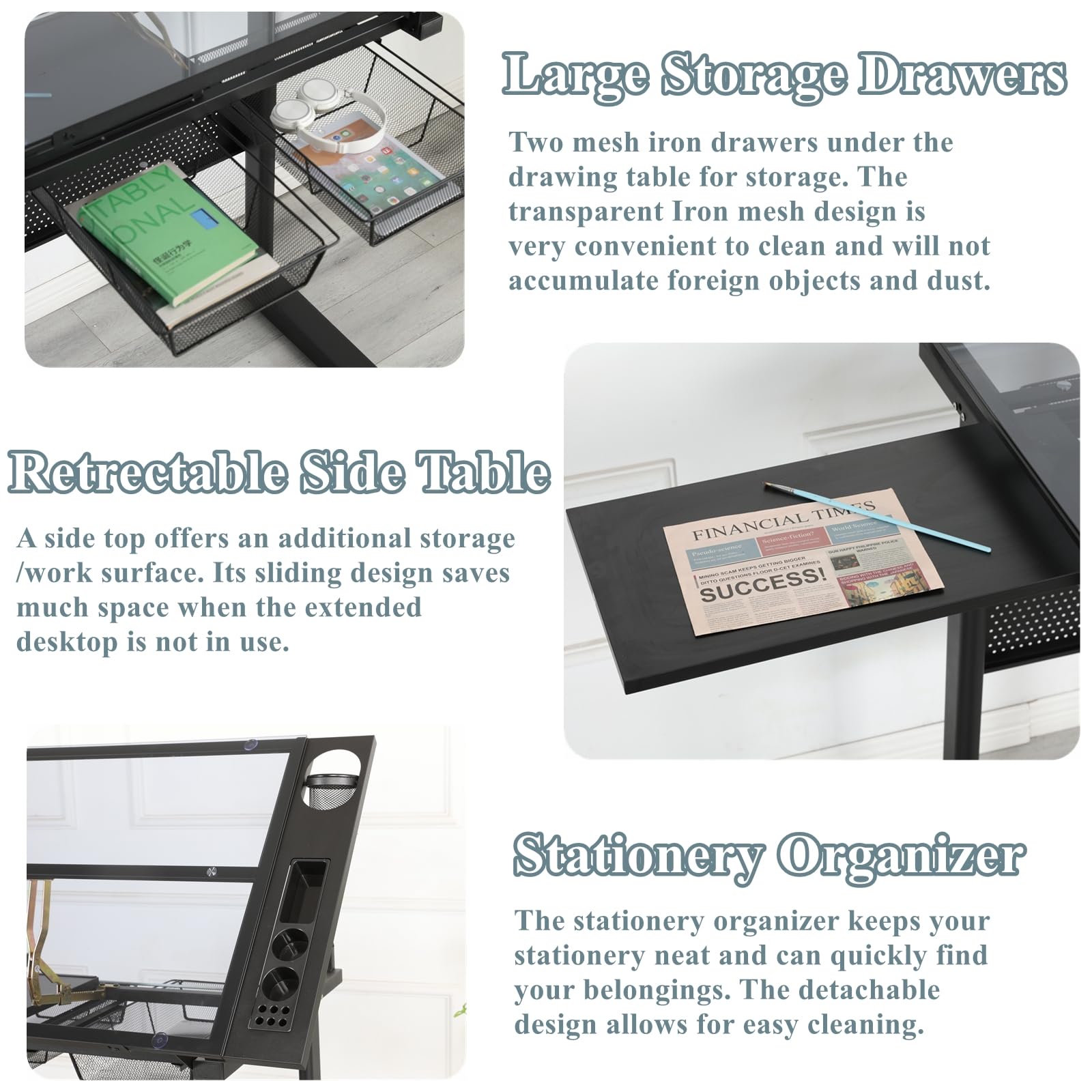 Upgraded Adjustable Height Glass Drafting Table with Hand Crank - Artist Drawing Desk with Stool, Tilting Art Craft Desk, 2 Storage Drawers & Side Table - Perfect for Home Office, Studio & Creative Workspaces - No.2 Black