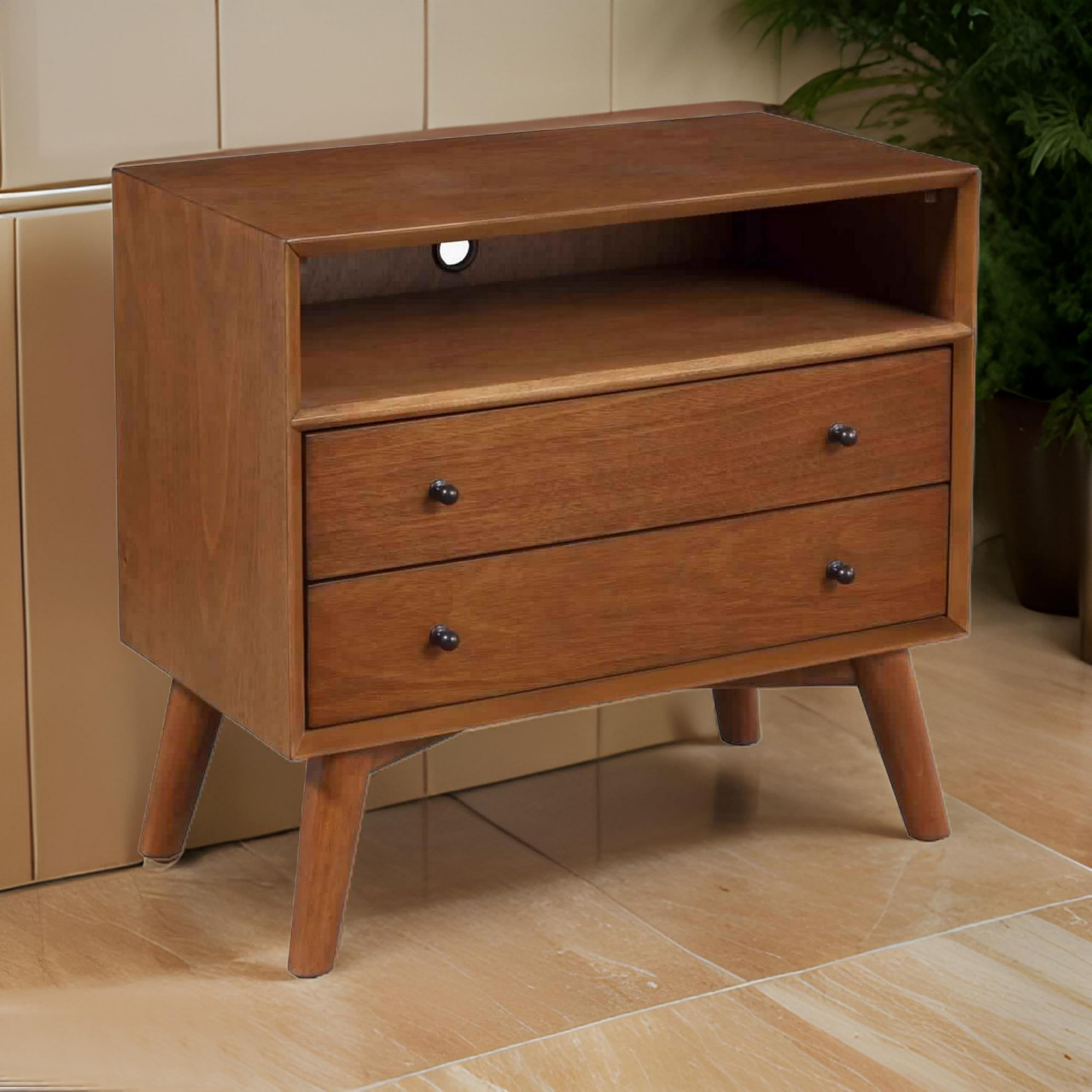 Benjara 2 Drawer Wooden Nightstand with Open Shelf & Splayed Legs - Brown Finish Bedside Table for Bedroom, Living Room, or Office Storage