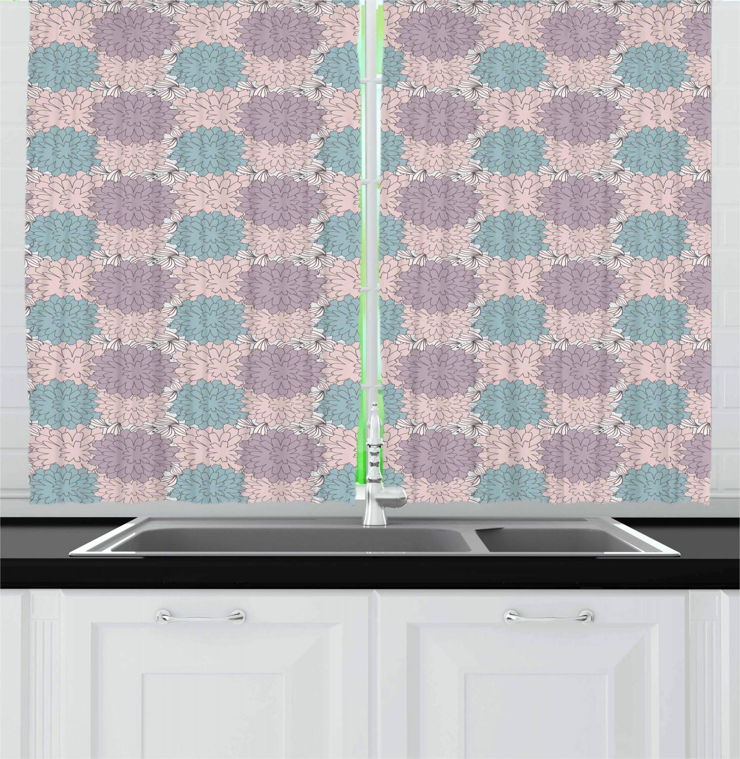Ambesonne Floral Kitchen Curtains - Multi Petal Chrysanthemum Flower Pattern Window Drapes, 2 Panel Set for Kitchen & Cafe Decor, 55