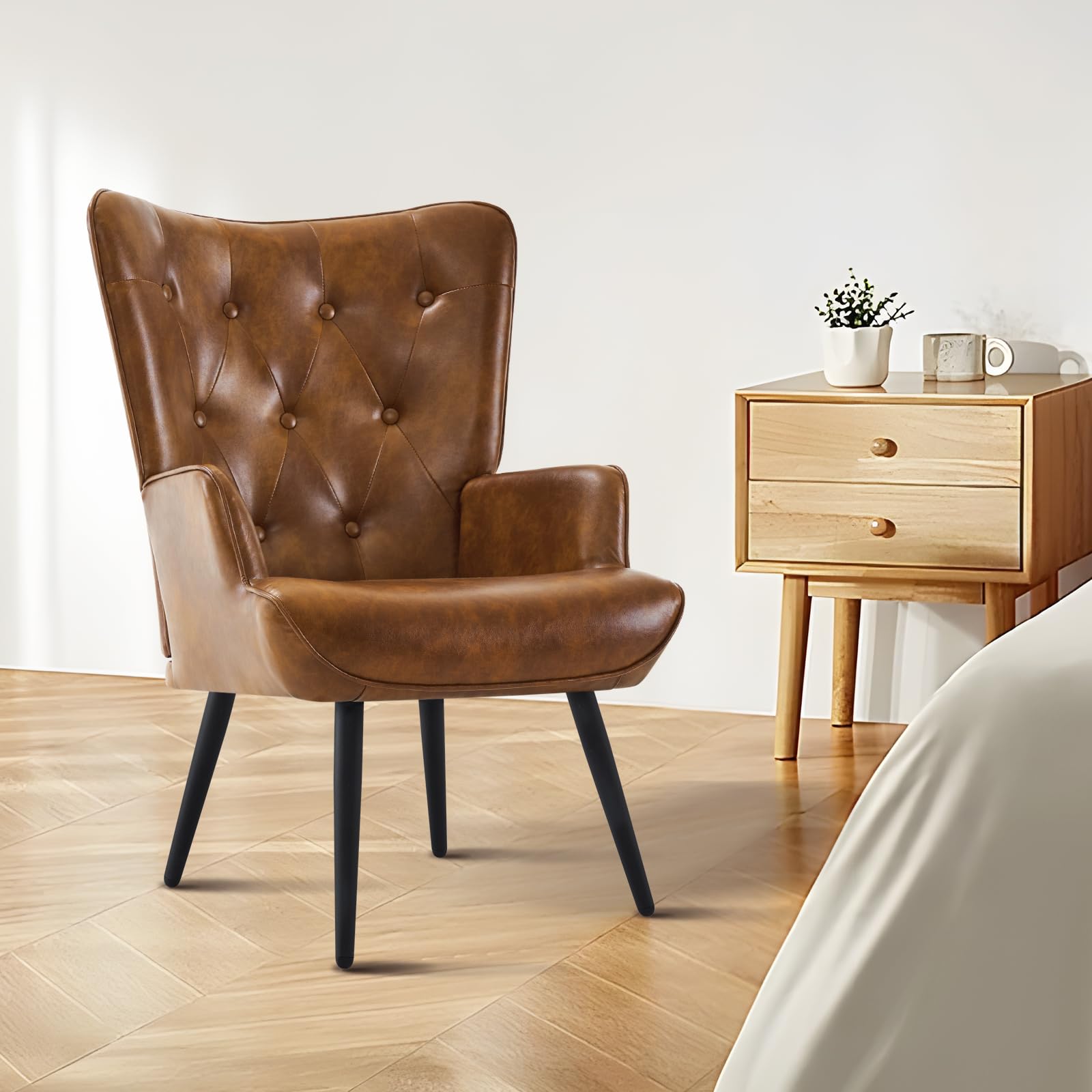 Furnimart Mid Century Modern Faux Leather Accent Chair - Comfy PU Armchair for Living Room, Office, Study, Bedroom & Waiting Room - Yellow Brown Wingback Leisure Chair | Perfect for Home Decor, Guest Seating & Vanity Areas