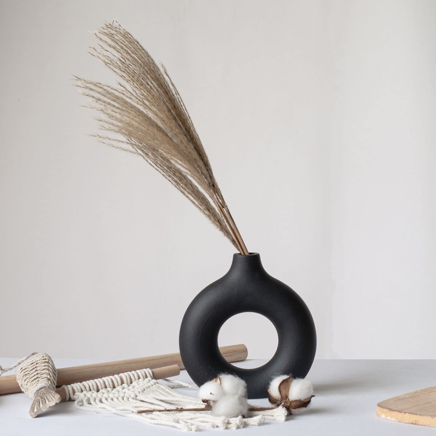 Handmade Black Hollow Ceramic Donut Vase - Minimalist Boho Style Flower Vase for Wedding, Party & Home Decor | Perfect for Dining Table, Living Room, Office & Bedroom