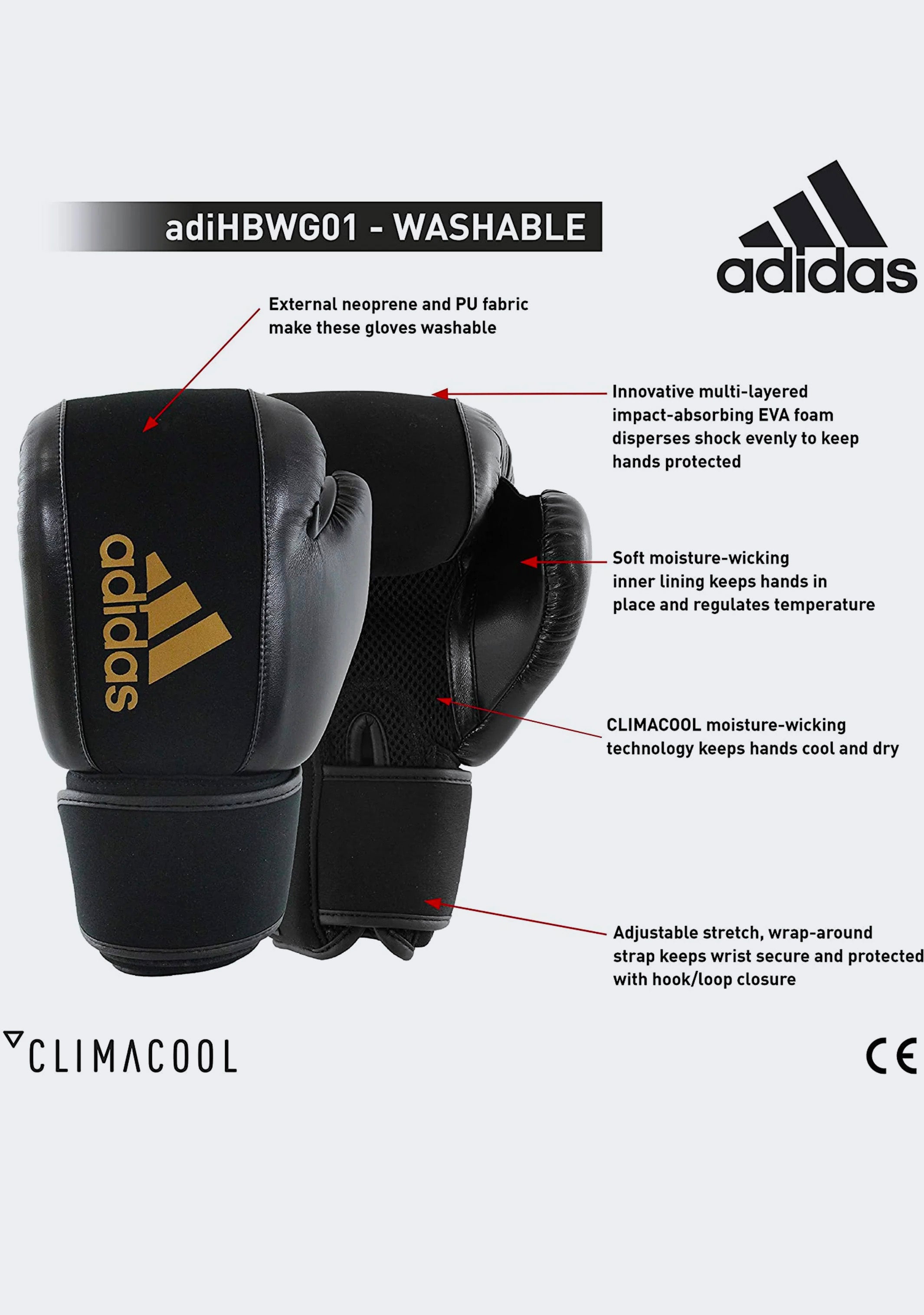 Adidas Women's Washable Boxing Gloves - Black & Gold Training Gloves for Kickboxing, MMA, Fitness & Home Workouts