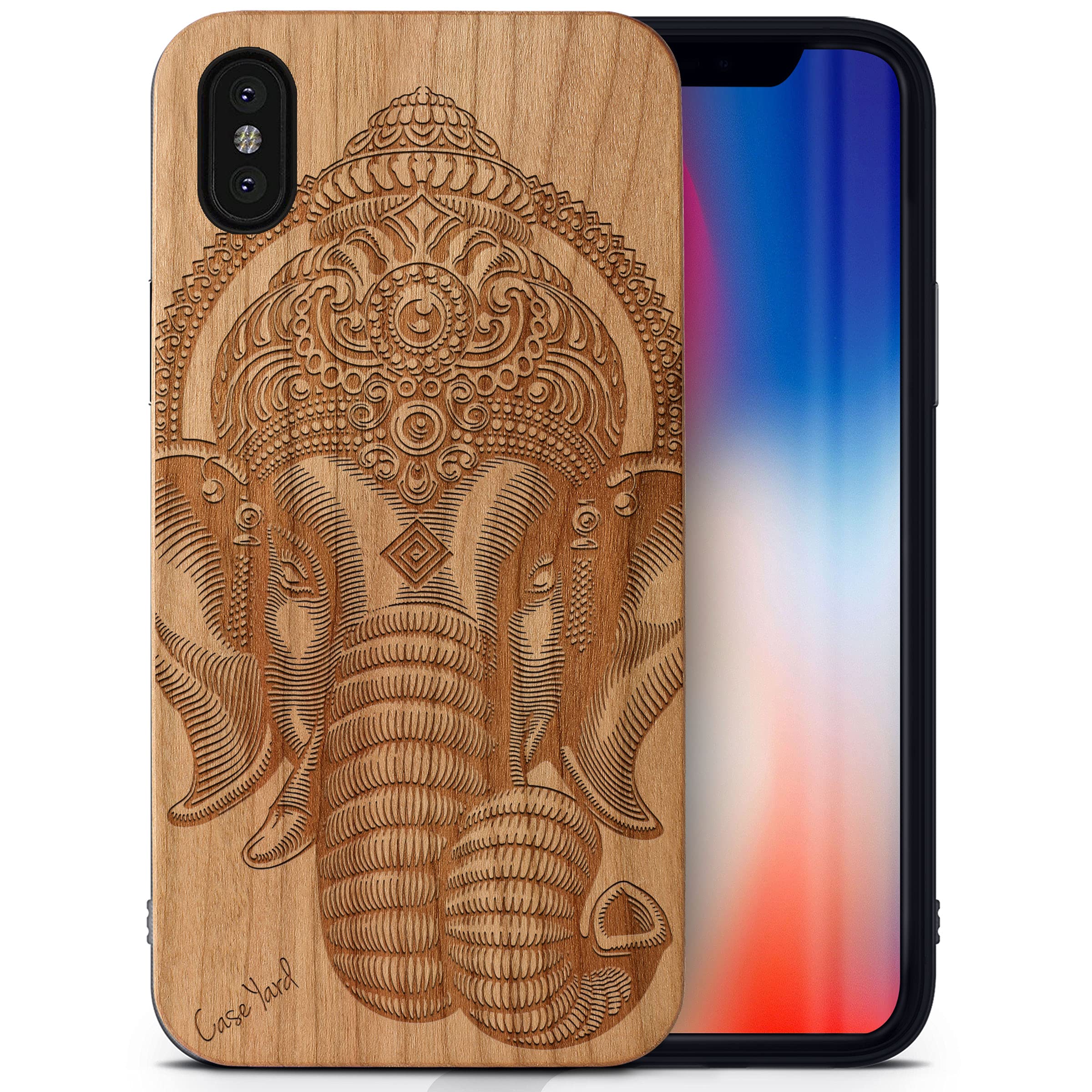 Wooden iPhone Xs Max Case - Laser Engraved Ganesh Design Cherry Wood Protective Cover | Shockproof Slim Fit Phone Case for Men & Women | Perfect for Daily Use, Travel & Gift Giving