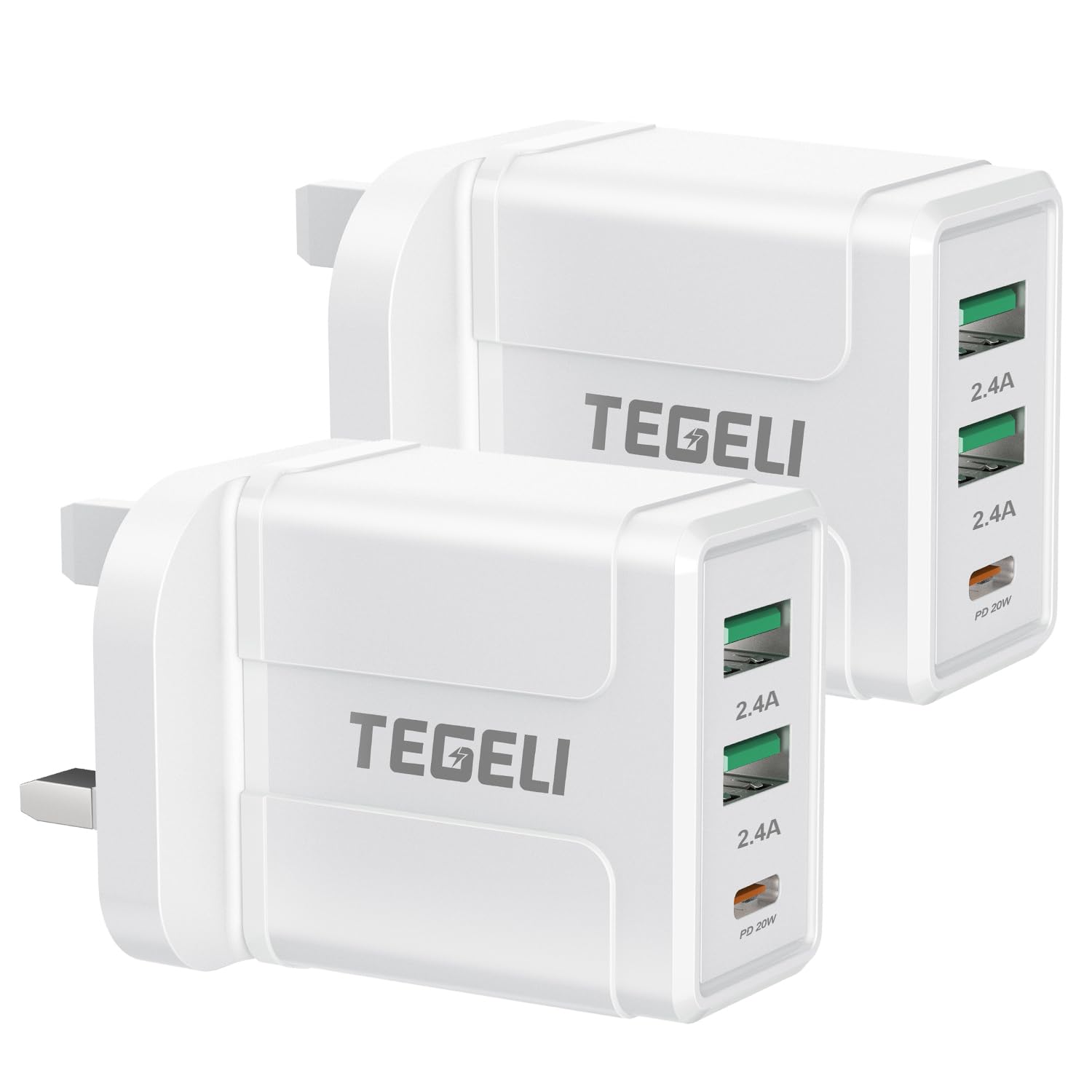 2 Pack UK 3 Pin USB Wall Charger - Rekavin Triple Port Fast Charger Adapter 5V/2.4A for iPhone 11/Pro/10/XS/XR/8/7/6/5, iPad, Samsung - Compact Multi USB Charger Plug for Home, Office & Travel