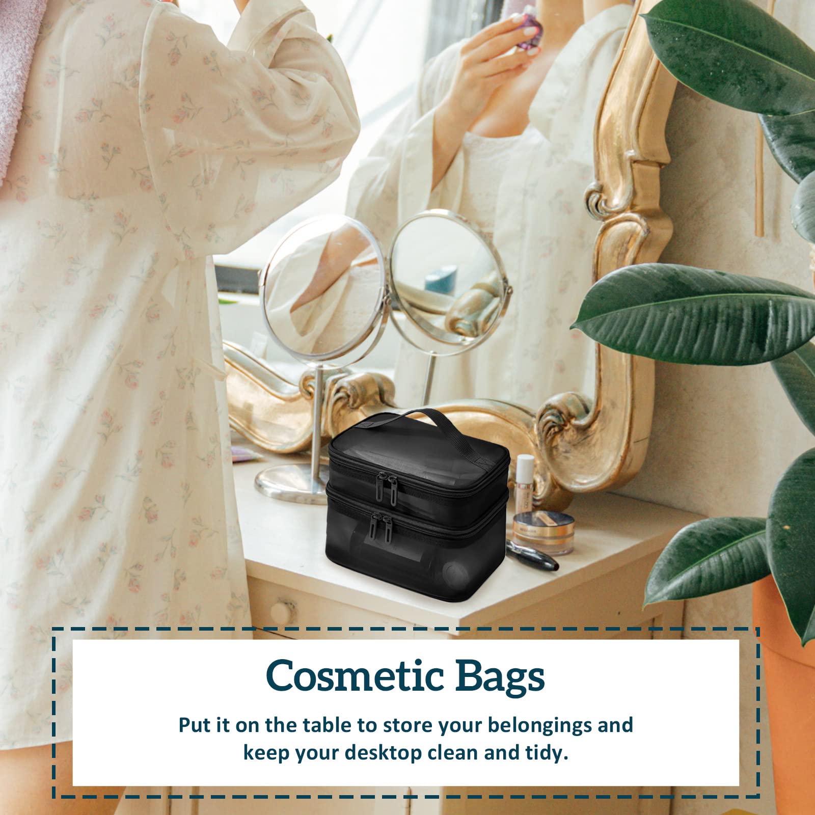 Double Layer Makeup Bag - Large Mesh Travel Cosmetic Pouch with Double Zipper, Waterproof Toiletry Organizer for Makeup Brushes & Essentials (Black) | Perfect for Travel, Gym & Daily Use