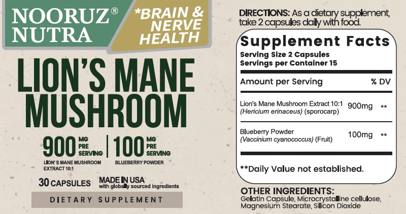 Lions Mane Mushroom 10:1 Extract & Blueberry Brain Booster Capsules - Cognitive Support, Memory & Focus Supplement for Adults - Enhance Mental Clarity & Concentration for Work, Study & Daily Performance