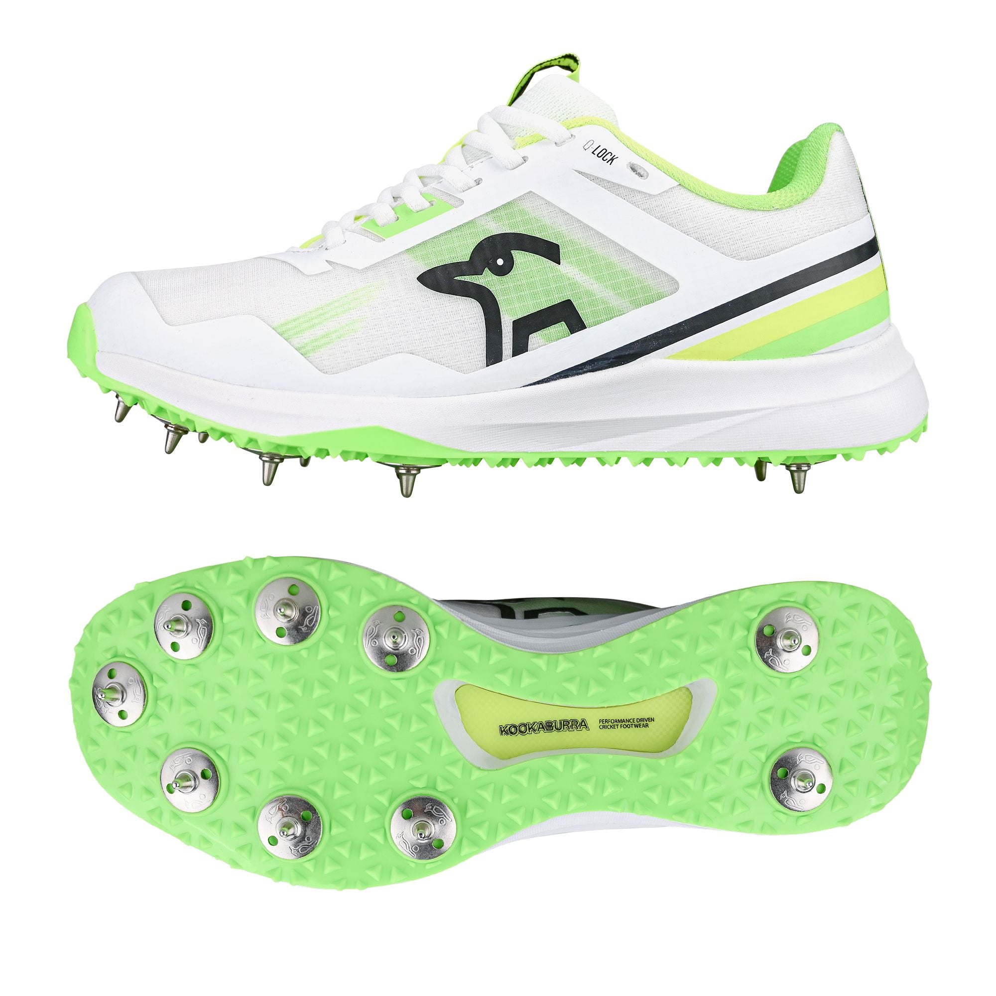Kookaburra KC 2.0 Cricket Spike Shoes - White & Lime (2025 Model) | Lightweight Performance Footwear for Cricket Matches & Training