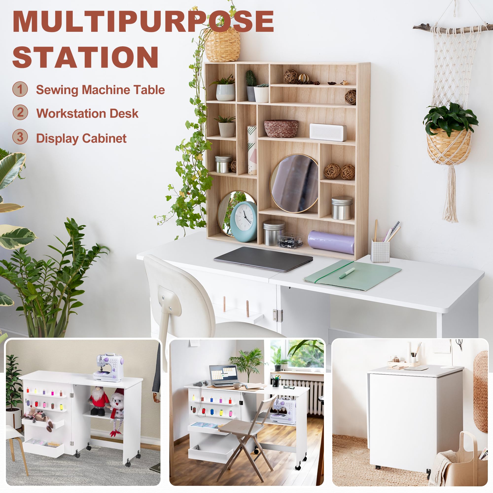 Foldable Sewing Table with Wheels & Storage - Compact Multi-Purpose Sewing Machine Table with Shelves, Bins, Pegs & Magnetic Locks (White) | Perfect for Small Spaces, Craft Rooms & Home Sewing Projects