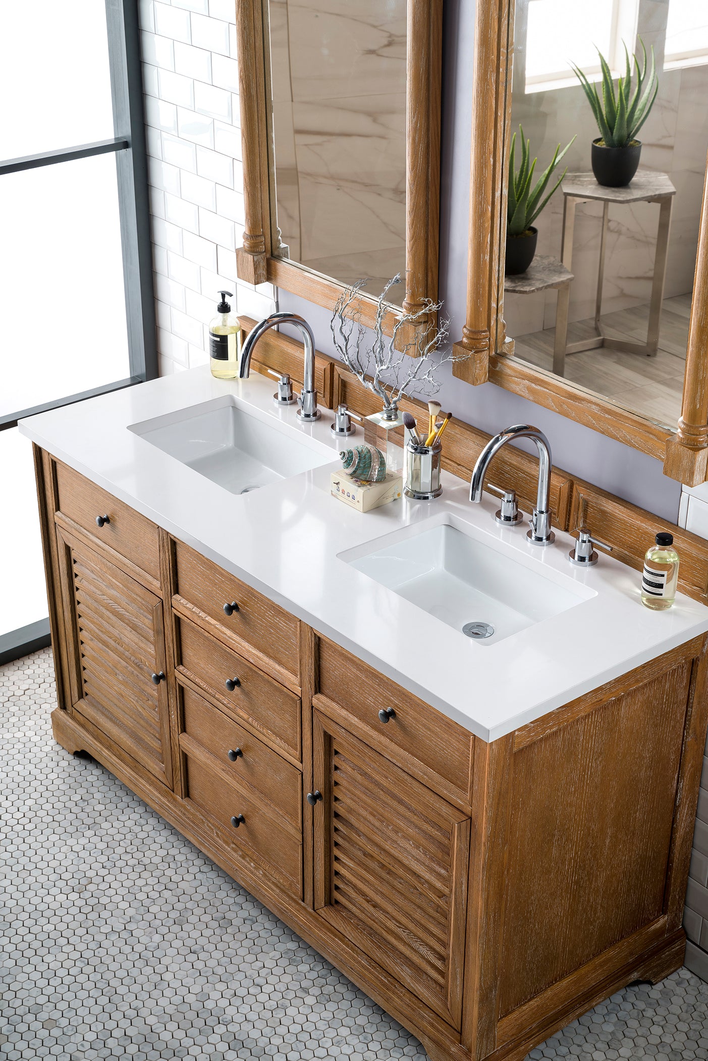 Savannah 60 Inch Double Vanity Cabinet with 3CM Classic White Quartz Top - Driftwood Finish for Bathroom Remodeling | Perfect for Master Bath, Guest Bath & Powder Room