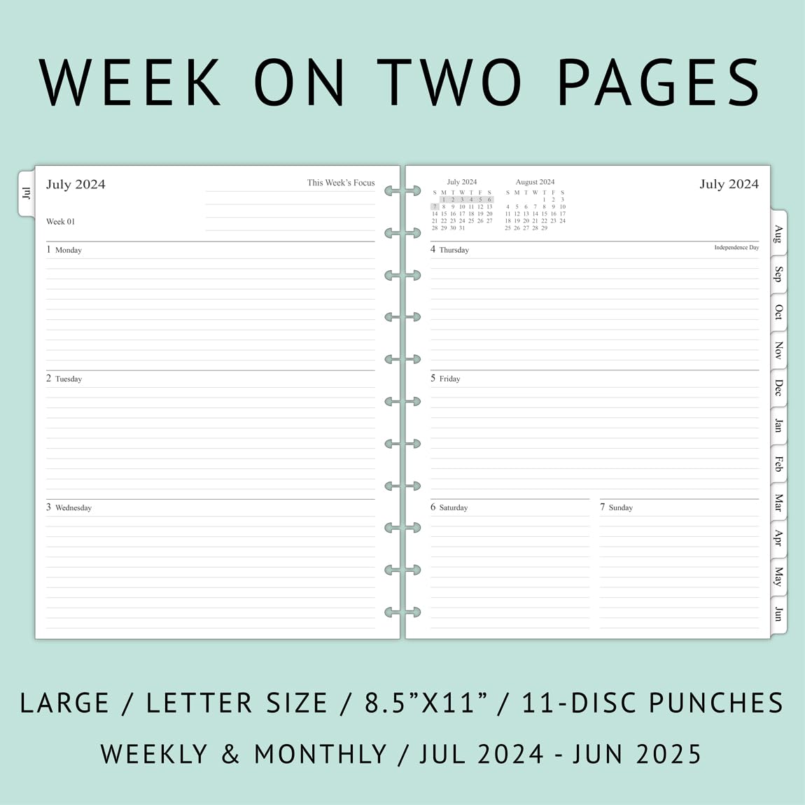 Newestor 2024-2025 Weekly & Monthly Discbound Planner Refills - July 2024 to June 2025 Calendar with 11-Disc Punch Holes - Letter Size 8.5