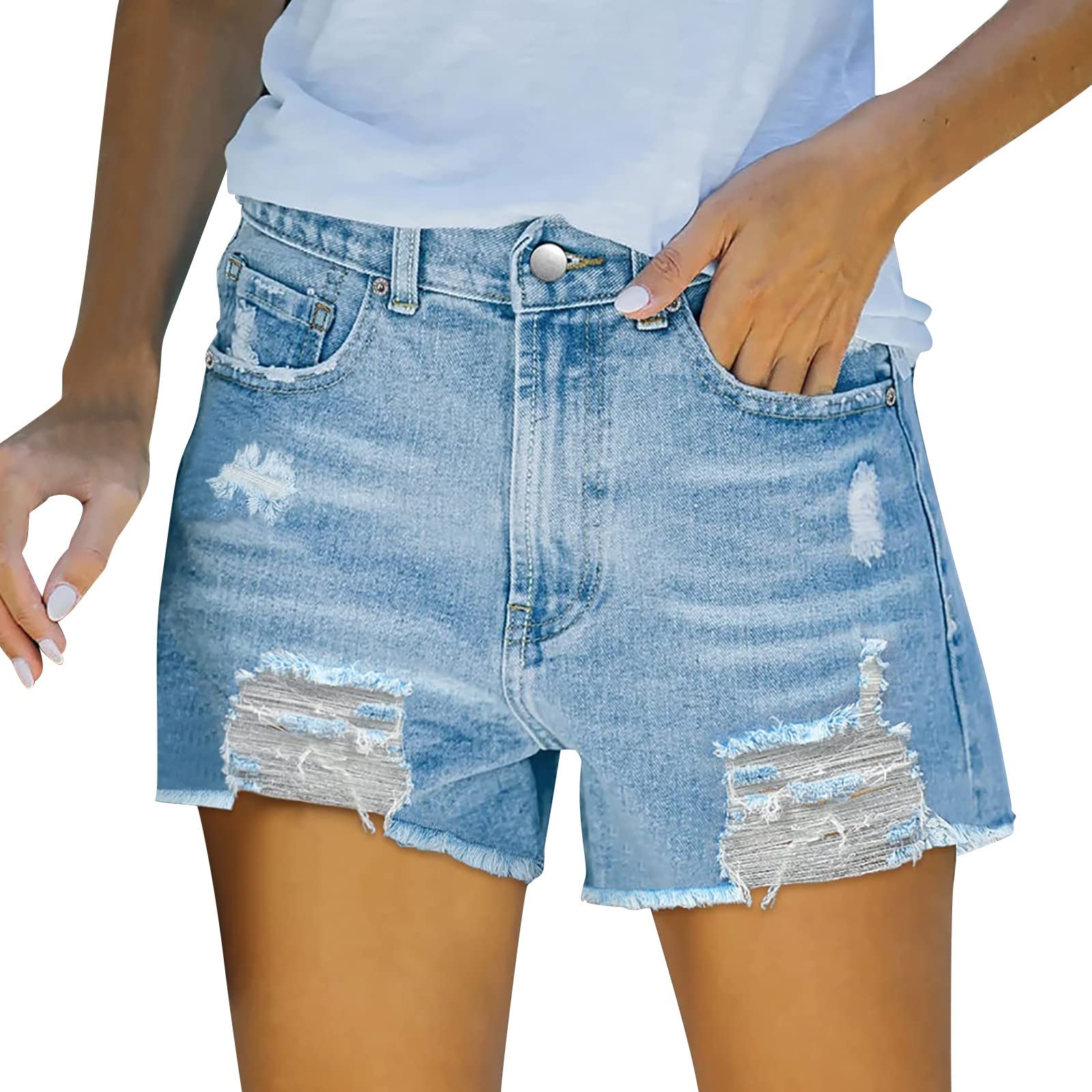 luKADSAS Women's Distressed Ripped Denim Shorts - Stretchy Mid Waist Summer Cutoffs with Pockets | Perfect for Casual Outfits, Beach Wear & Street Style