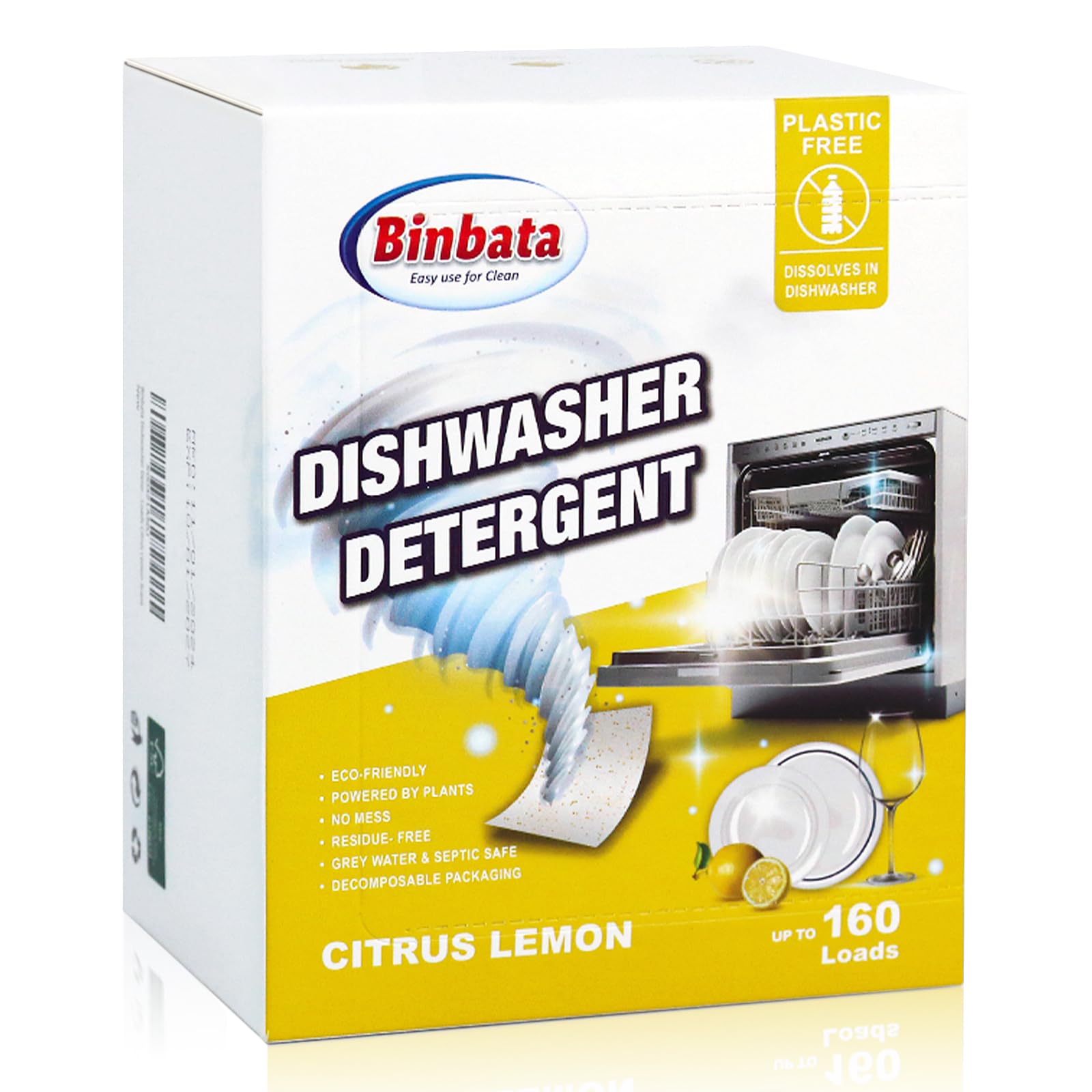 Eco-Friendly Dishwasher Detergent Sheets - 160 Loads, Plastic-Free Lemon Scented Dishwashing Soap Strips with Powerful Enzymes for Sparkling Clean Dishes | Perfect for Home, RV & Travel Use
