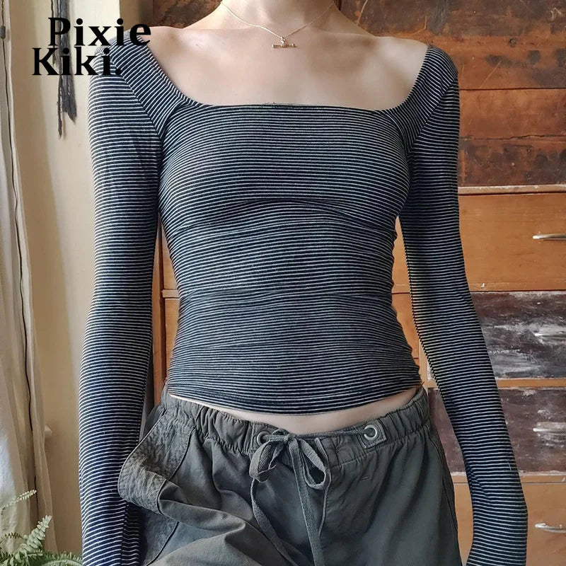 Black and White Striped Square Neck Backless Long Sleeve T-Shirt for Women | Y2K 2000s Vintage Fashion | Fall 2024 Trendy Top | Perfect for Casual Outings, Parties, and Retro Fashion Looks