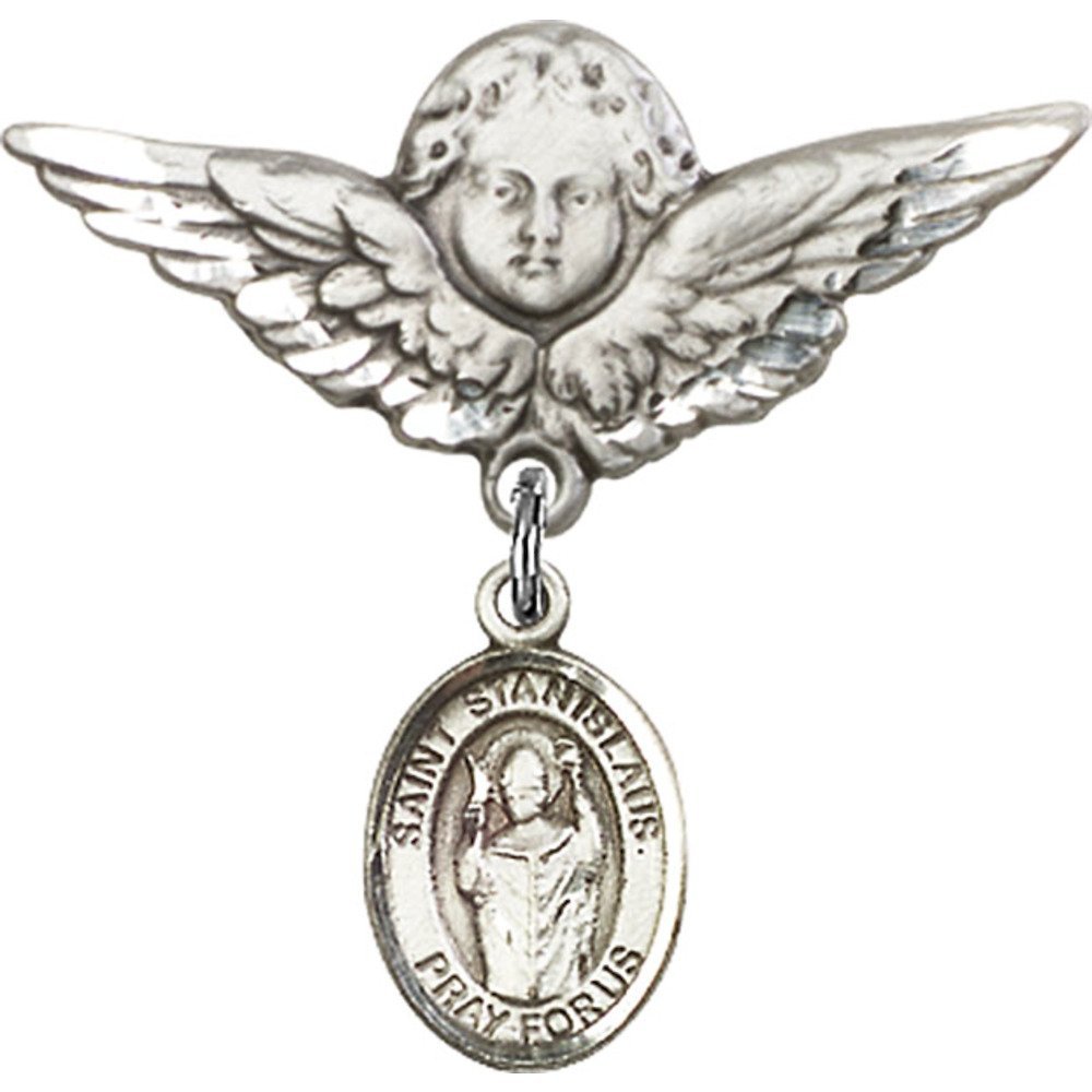 St. Stanislaus Sterling Silver Baby Badge with Angel Wing Charm - 1 1/8 X 1 1/8 Inch Religious Pin for Christening, Baptism & First Communion Gifts