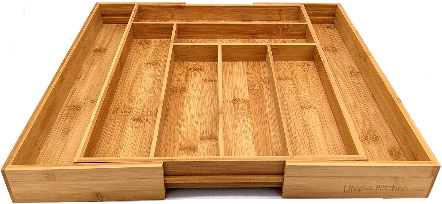 Utopia Kitchen Expandable Bamboo Silverware Organizer - 6-8 Slots Cutlery & Utensil Drawer Organizer for Knives, Forks, Spoons - Flatware Holder for Kitchen Storage (Natural, Pack of 5) | Perfect for Home, Restaurant & Office Organization