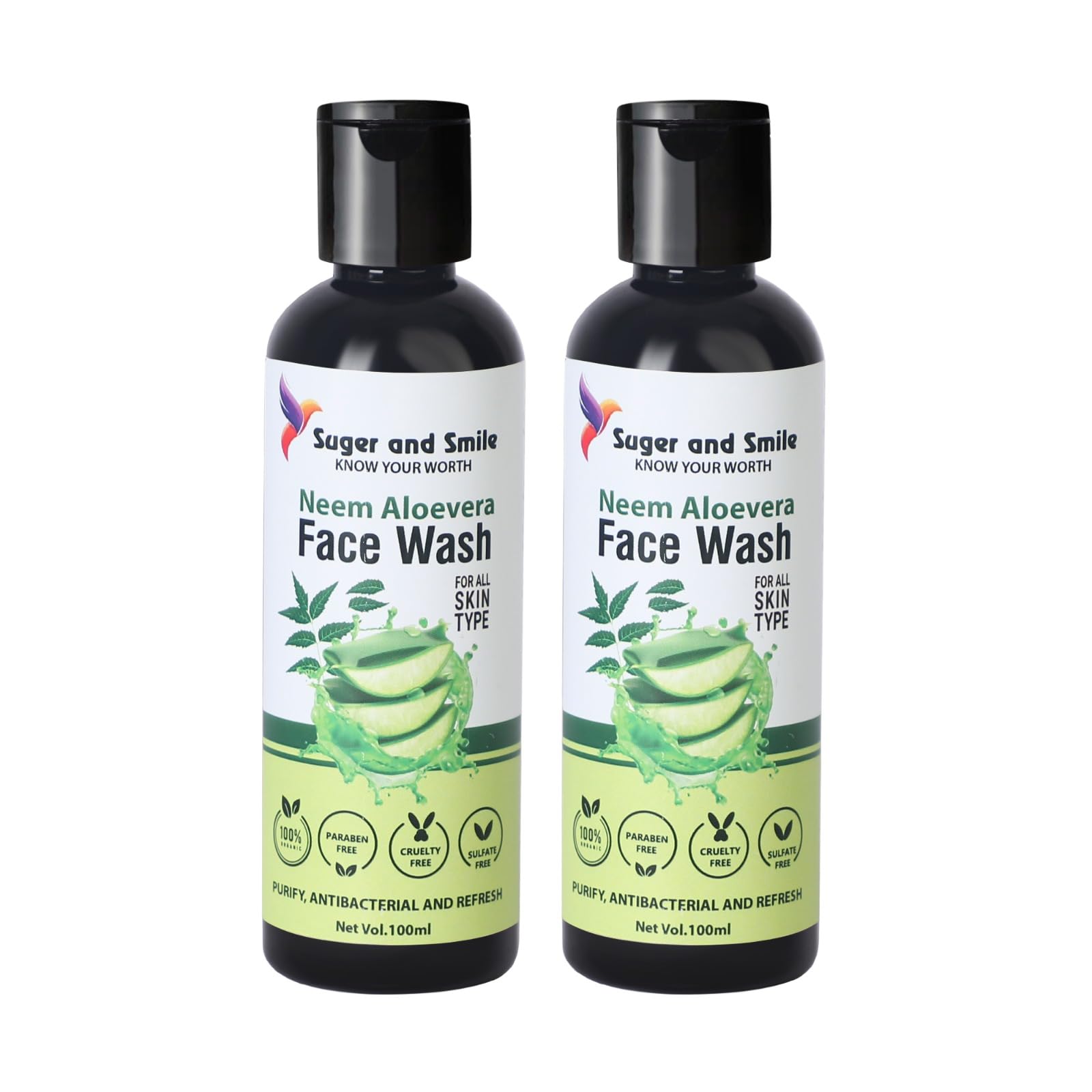 Neem & Aloe Vera Face Wash Pack of 2 (100ml Each) - Natural Acne Treatment & Skin Cleanser for Oily & Sensitive Skin - Perfect for Daily Face Care Routine