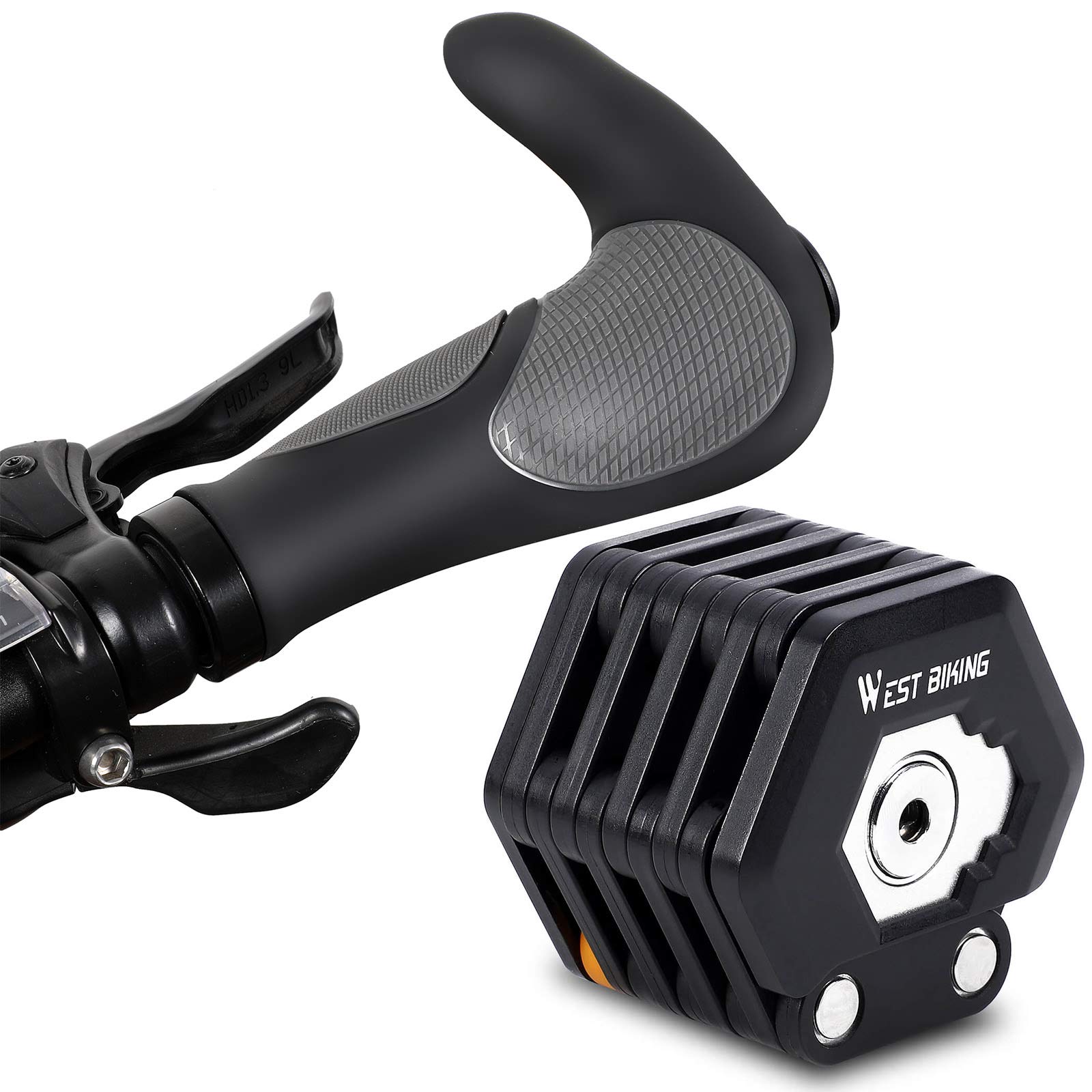 West Biking Heavy Duty Alloy Steel Folding Bike Lock with Mounting Bracket - Secure Foldable Chain Lock for Bicycles, Motorcycles & Scooters - Includes Ergonomic Shock-Absorbing Handlebar Grips for Comfortable Riding in Urban Commutes & Outdoor Adventures