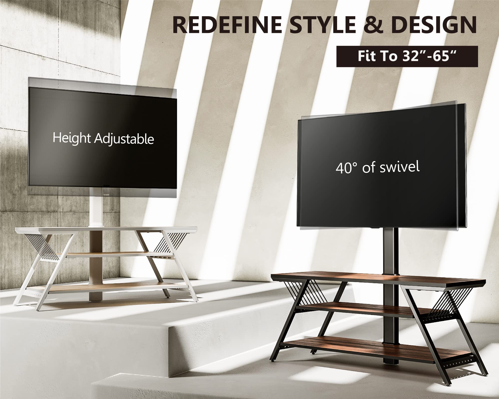 FITUEYES White TV Stand with Mount - 3 Tier TV Cabinet for 32-65 Inch TVs, Open Storage & Height Adjustable, Compatible with LCD/LED Flat/Curved Screens (Max VESA 600x400mm) - Perfect for Living Room, Bedroom & Home Theater Setup