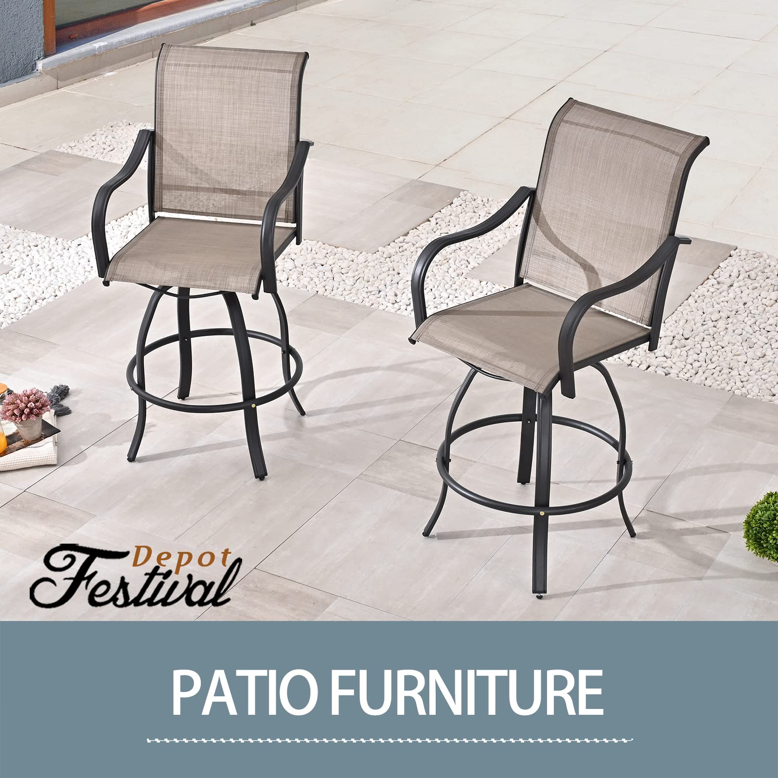 2-Pack Bar Height Swivel Stools - All-Weather Textilene Patio Dining Chairs for Outdoor Bistro, Garden & Poolside (Taupe) | Durable Metal Frame & Comfortable Seating for Backyard, Deck & Restaurant Use