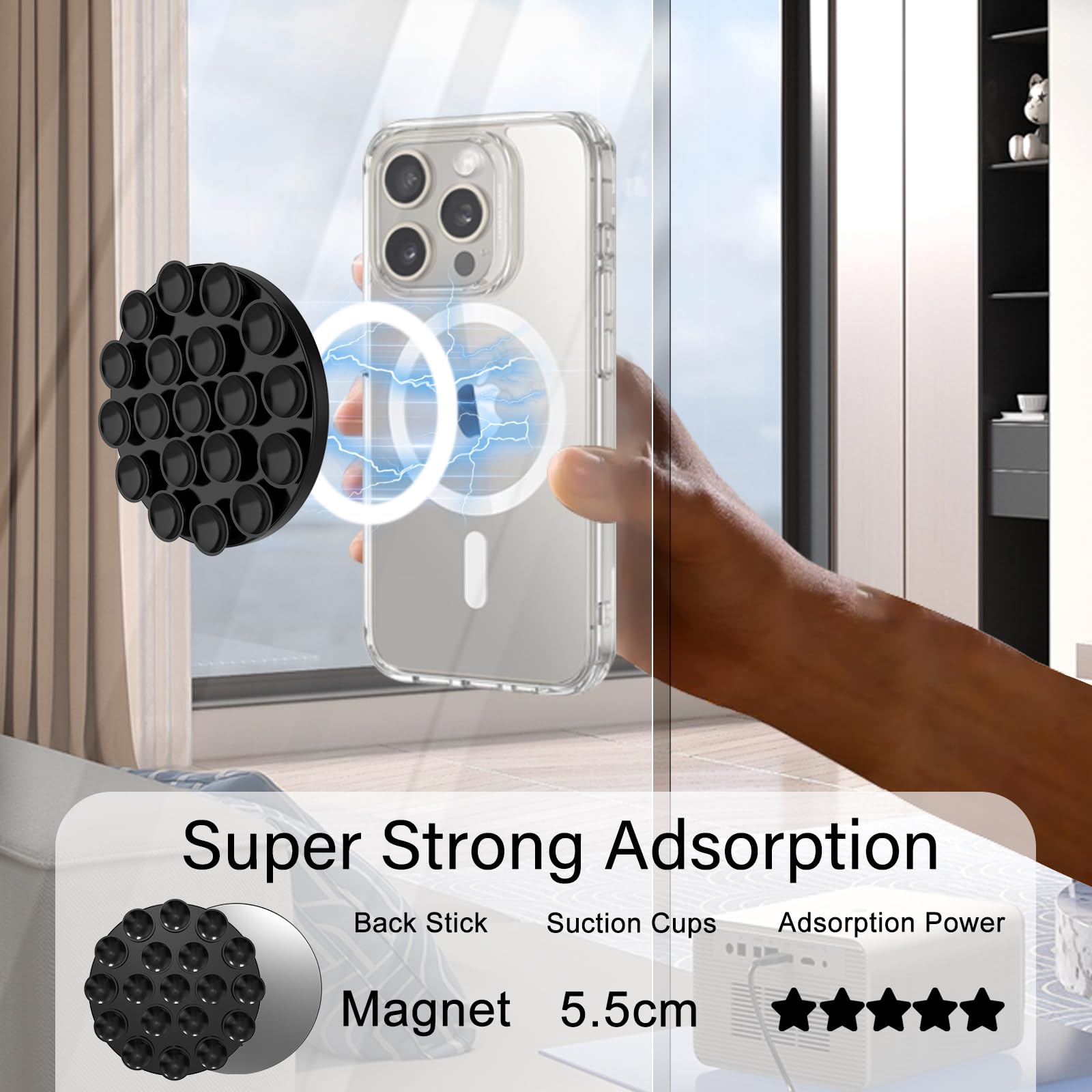 Omee Magnetic Suction Cup Phone Mount - Anti-Slip Hands-Free Silicone Phone Grip for iPhone MagSafe Cases | Mirror & Shower Holder for Selfies, TikTok Videos, Driving & Work (Black)