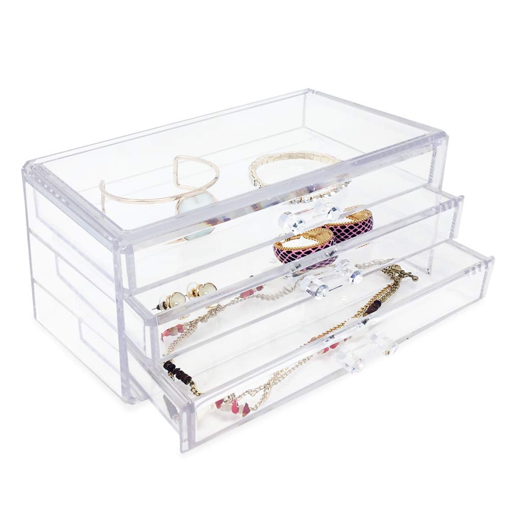 Isaac Jacobs Clear Acrylic 3-Drawer Stackable Jewelry Organizer & Makeup Storage Case - Transparent Cosmetic Organizer for Necklaces, Rings, Earrings - Perfect for Bedroom, Bathroom, Vanity & Dresser Organization